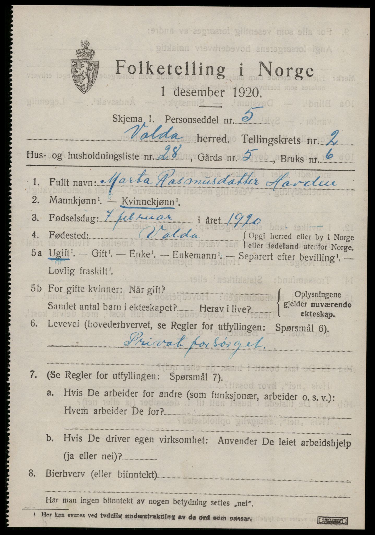 SAT, 1920 census for Volda, 1920, p. 2316