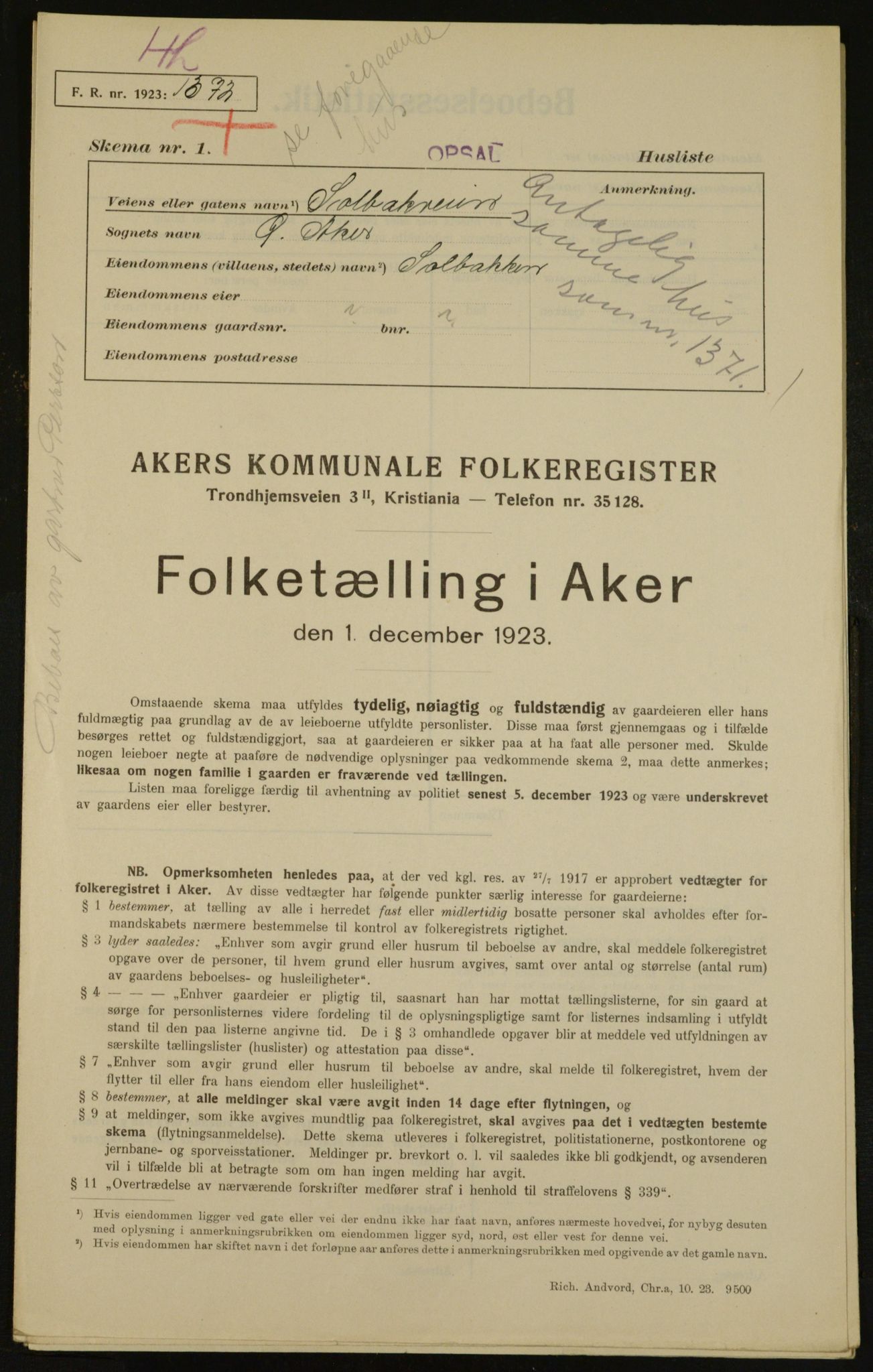 , Municipal Census 1923 for Aker, 1923, p. 31086