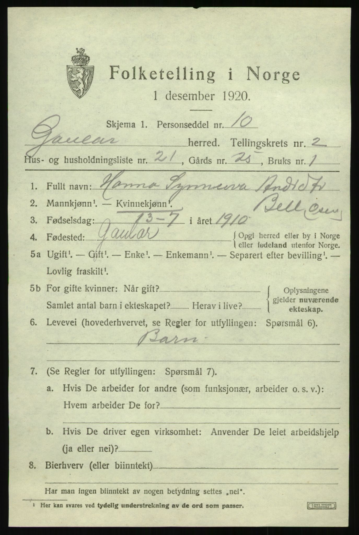 SAB, 1920 census for Gaular, 1920, p. 1806