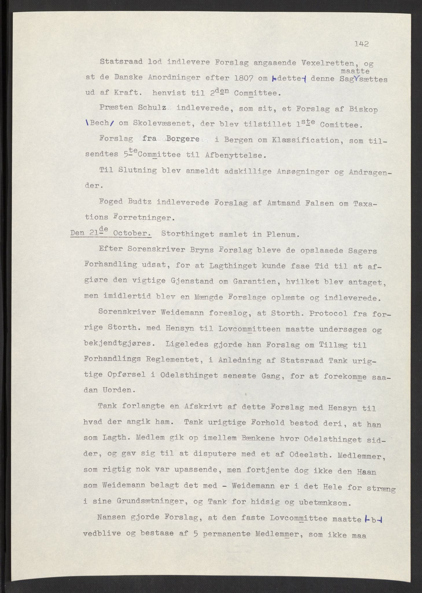 Manuskriptsamlingen, AV/RA-EA-3667/F/L0197: Wetlesen, Hans Jørgen (stortingsmann, ingeniørkaptein); Referat fra Stortinget 1815-1816, 1815-1816, p. 142