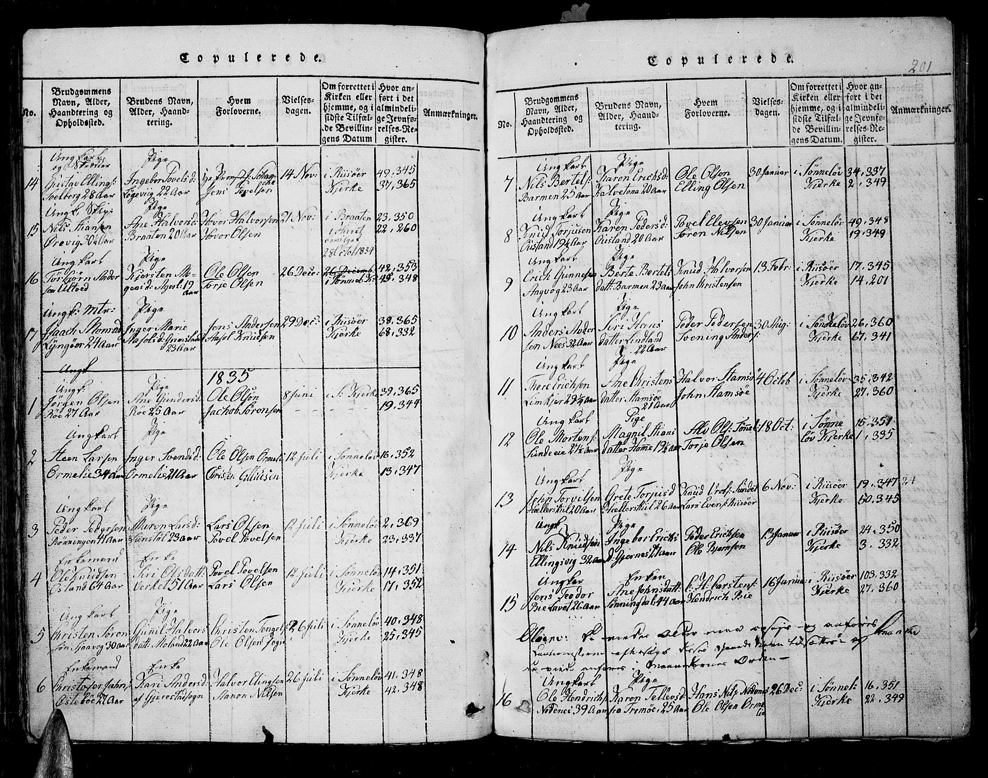 Søndeled sokneprestkontor, AV/SAK-1111-0038/F/Fb/L0002: Parish register (copy) no. B 2, 1816-1839, p. 201