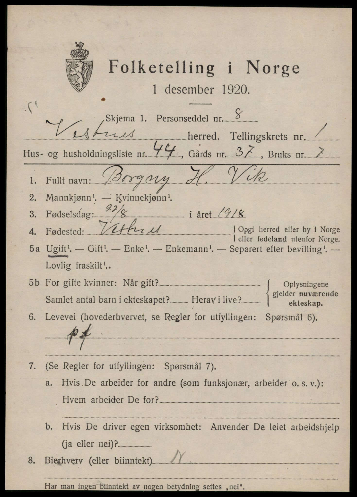 SAT, 1920 census for Vestnes, 1920, p. 1761