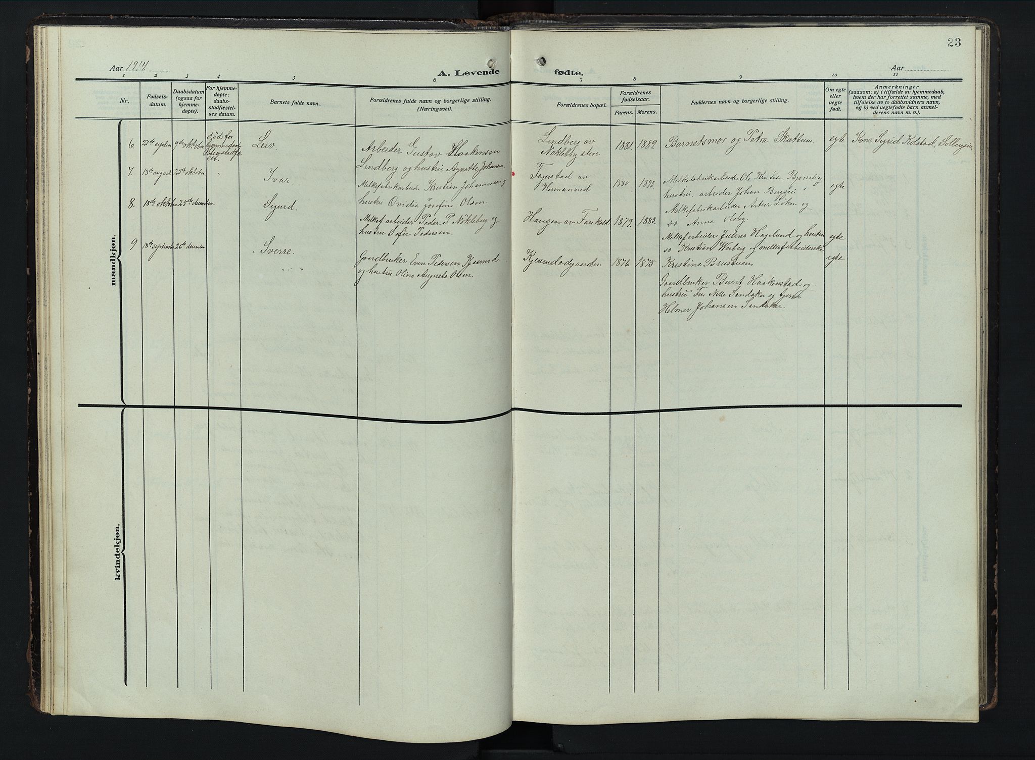 Østre Toten prestekontor, SAH/PREST-104/H/Ha/Hab/L0009: Parish register (copy) no. 9, 1908-1956, p. 23