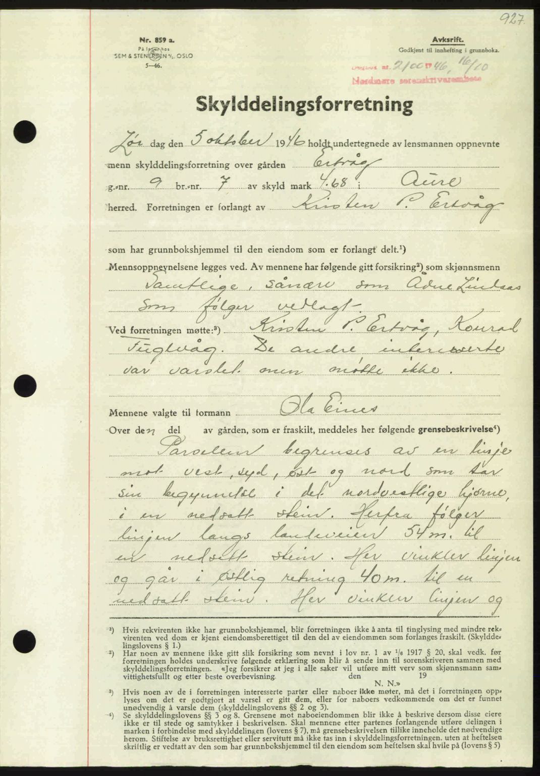 Nordmøre sorenskriveri, AV/SAT-A-4132/1/2/2Ca: Mortgage book no. A102, 1946-1946, Diary no: : 2100/1946