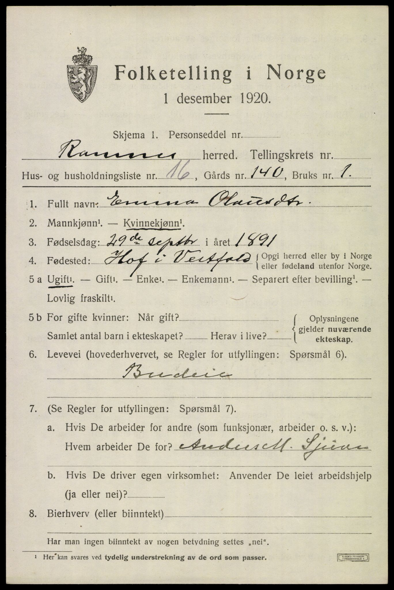 SAKO, 1920 census for Ramnes, 1920, p. 6344