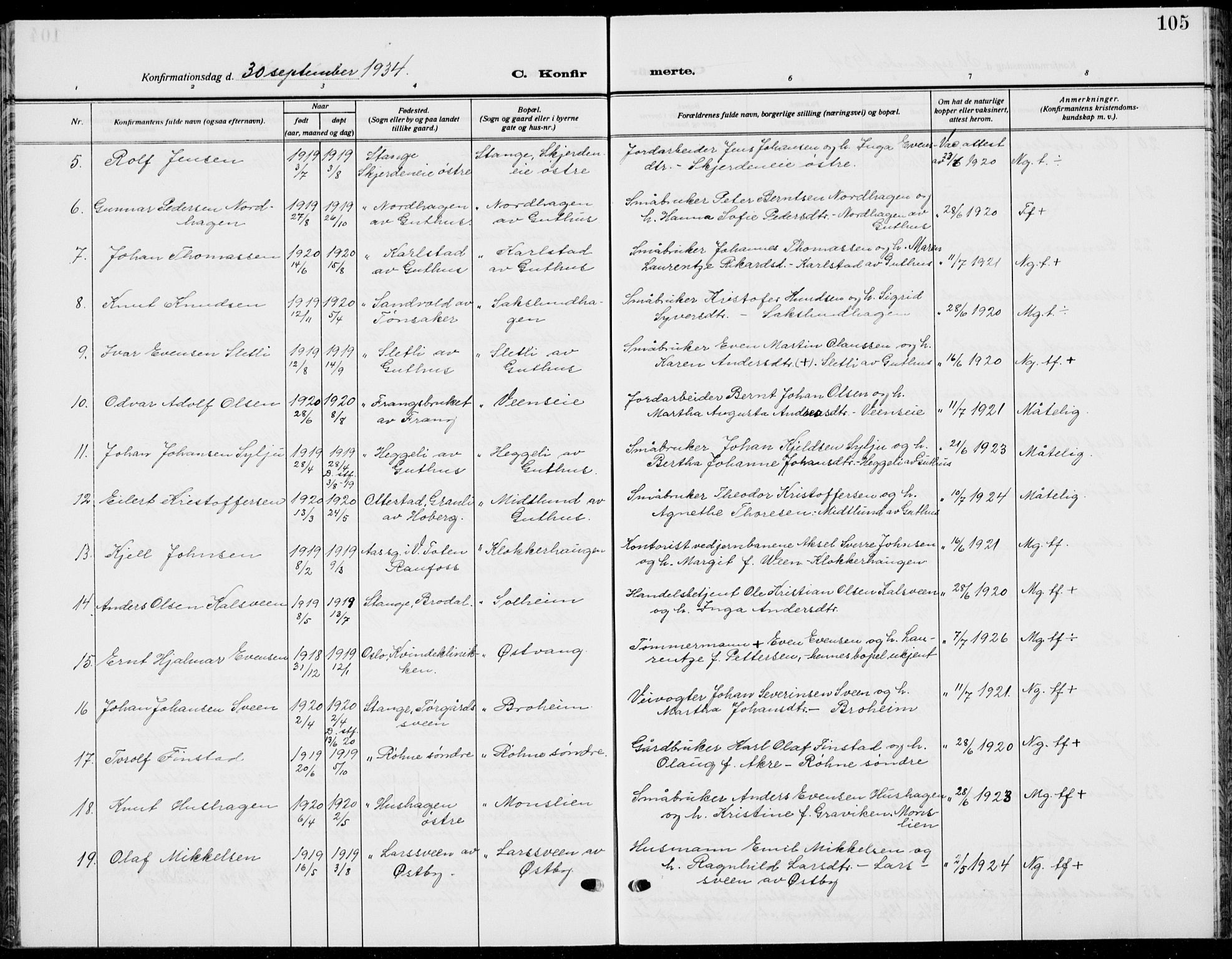 Stange prestekontor, AV/SAH-PREST-002/L/L0018: Parish register (copy) no. 18, 1929-1937, p. 105