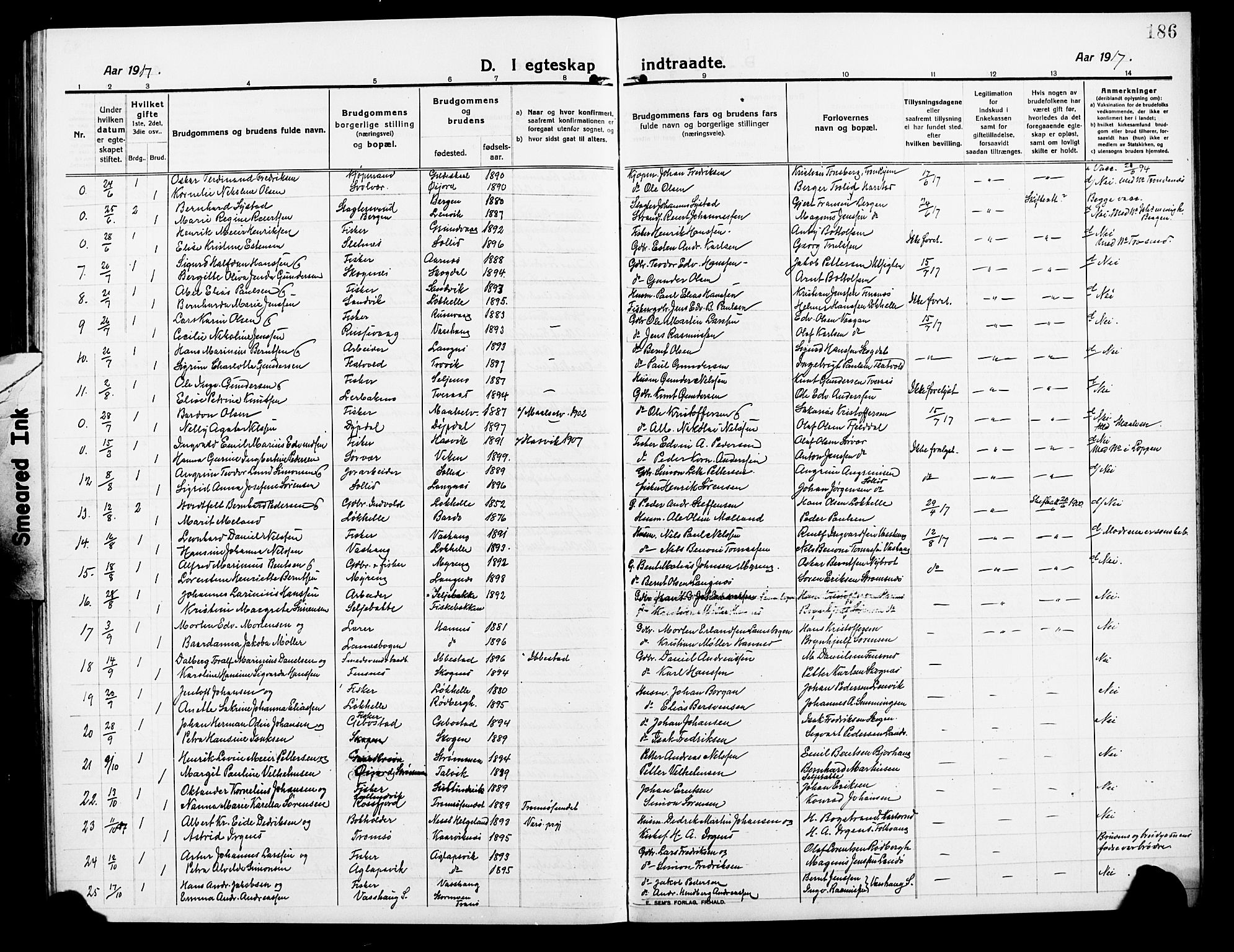 Lenvik sokneprestembete, AV/SATØ-S-1310/H/Ha/Hab/L0009klokker: Parish register (copy) no. 9, 1912-1926, p. 186