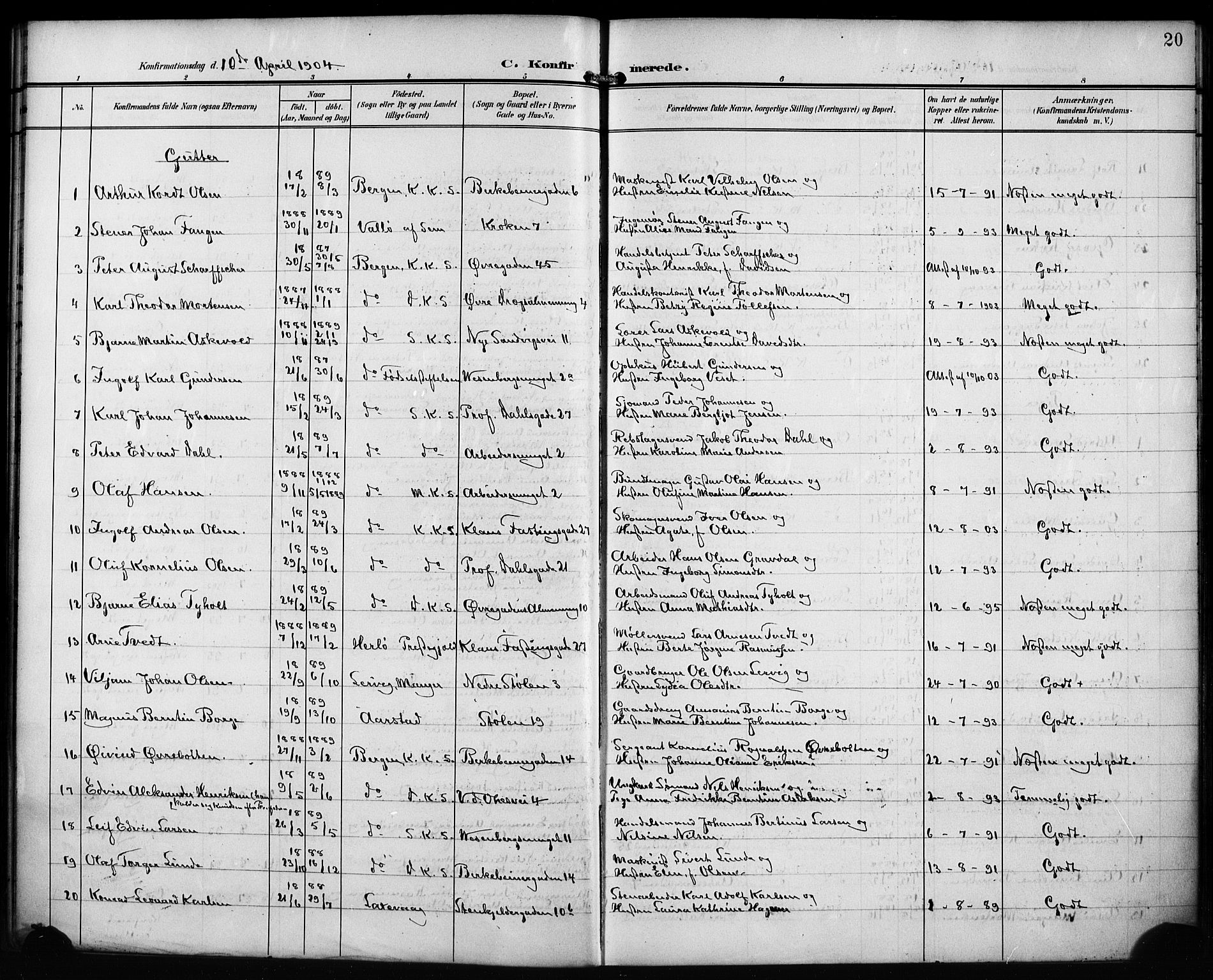 Mariakirken Sokneprestembete, SAB/A-76901/H/Hab/L0009: Parish register (copy) no. A 9, 1901-1919, p. 20