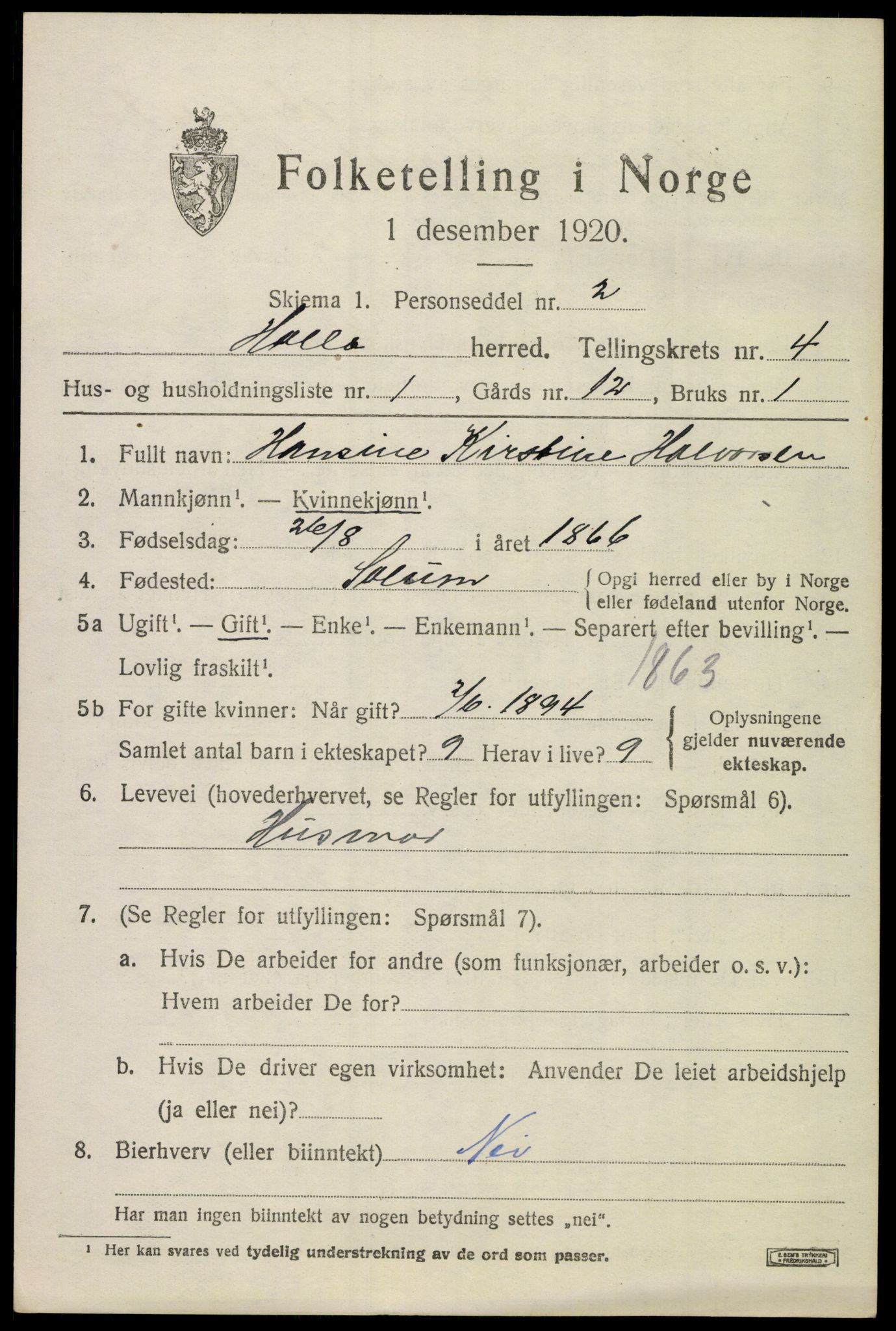 SAKO, 1920 census for Holla, 1920, p. 3611