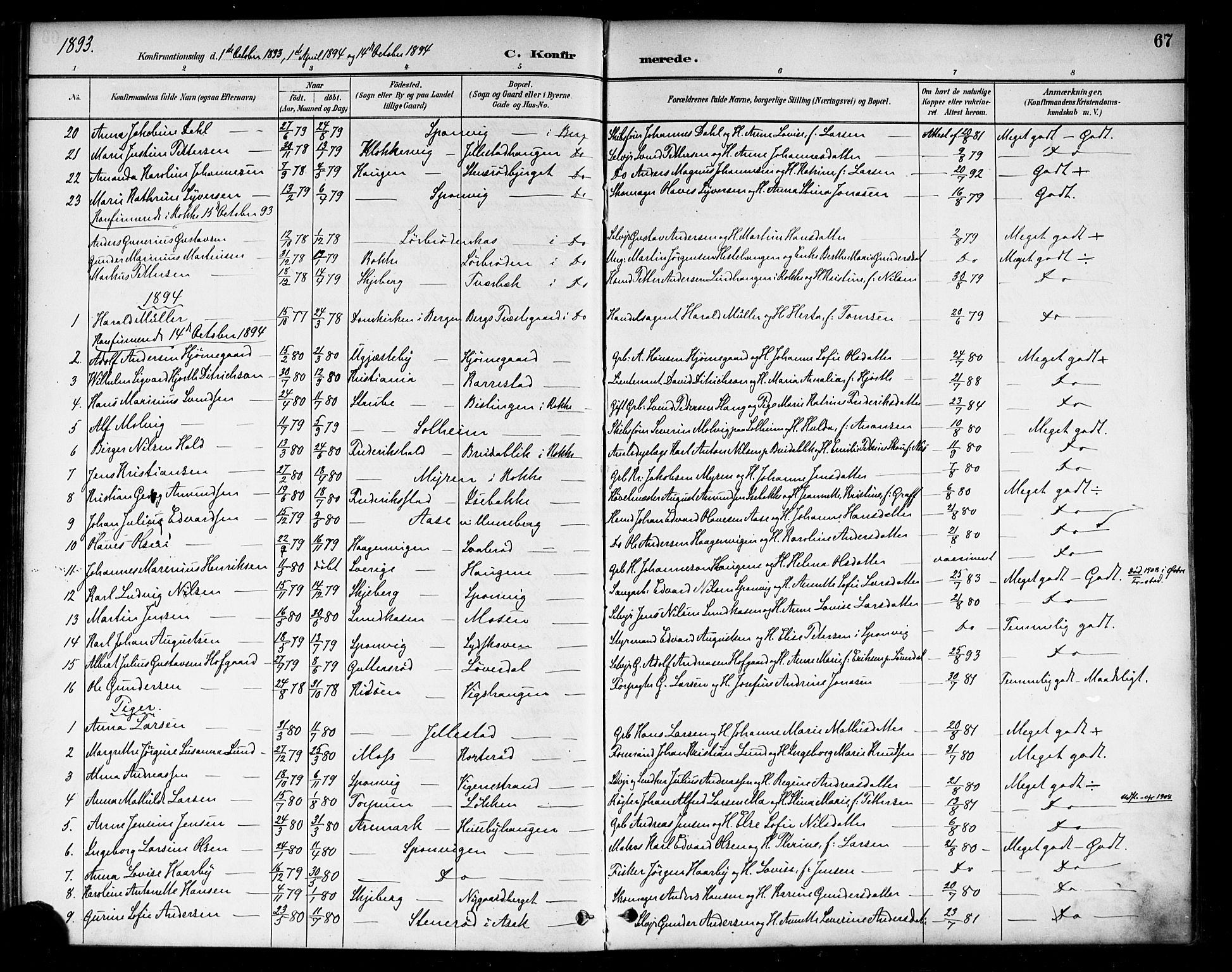 Berg prestekontor Kirkebøker, AV/SAO-A-10902/F/Fa/L0007: Parish register (official) no. I 7, 1888-1902, p. 67