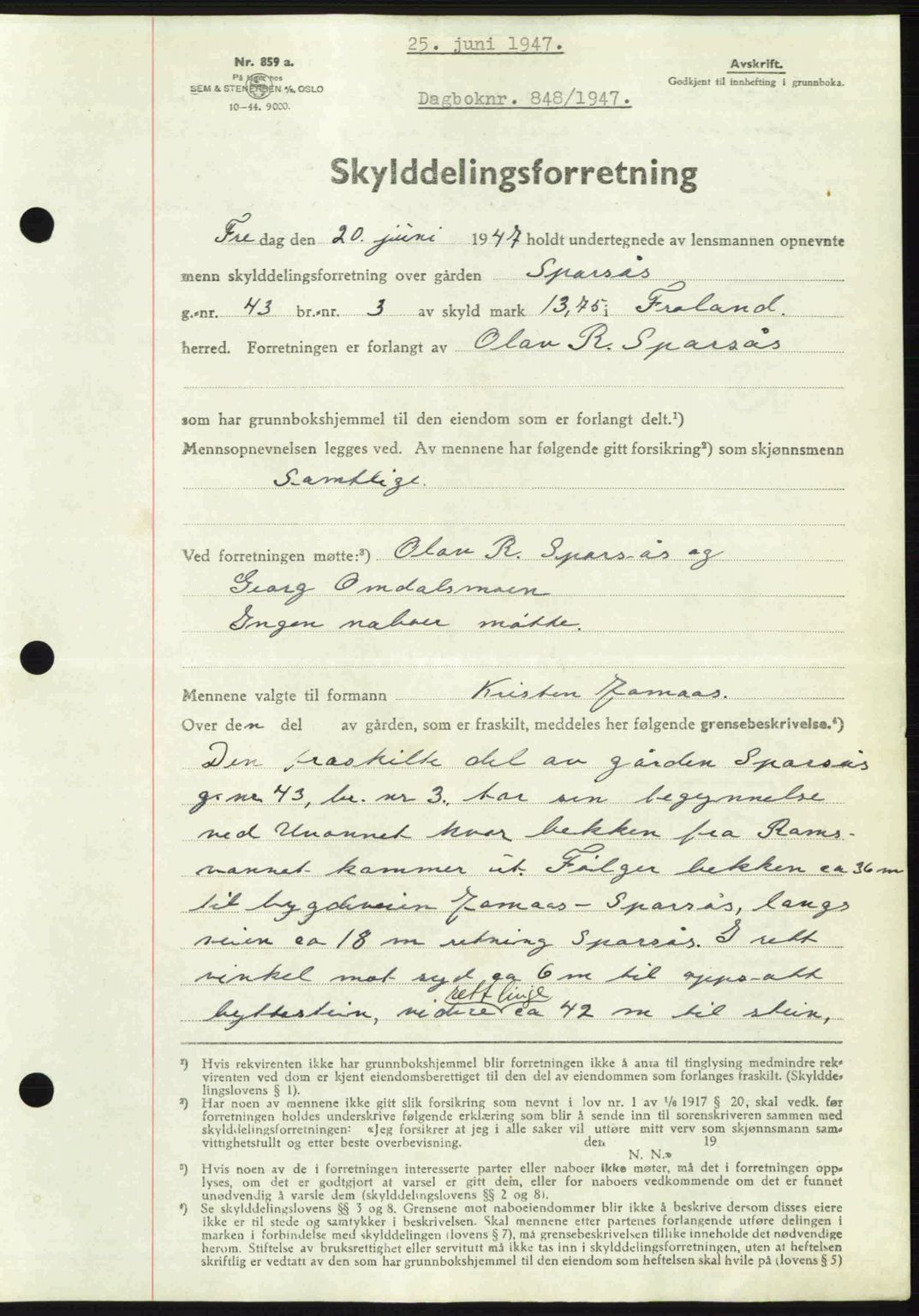 Nedenes sorenskriveri, AV/SAK-1221-0006/G/Gb/Gba/L0057: Mortgage book no. A9, 1947-1947, Diary no: : 848/1947