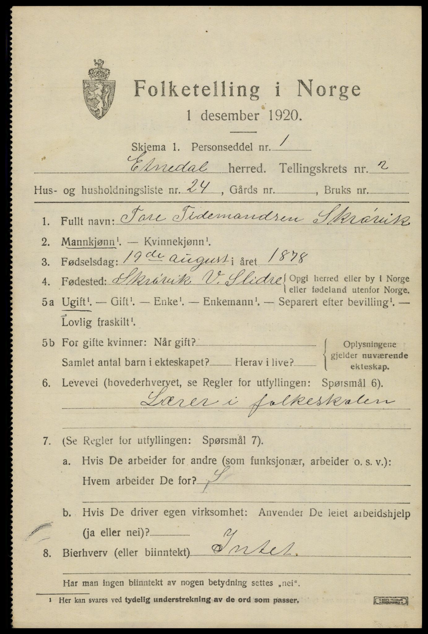 SAH, 1920 census for Etnedal, 1920, p. 1286