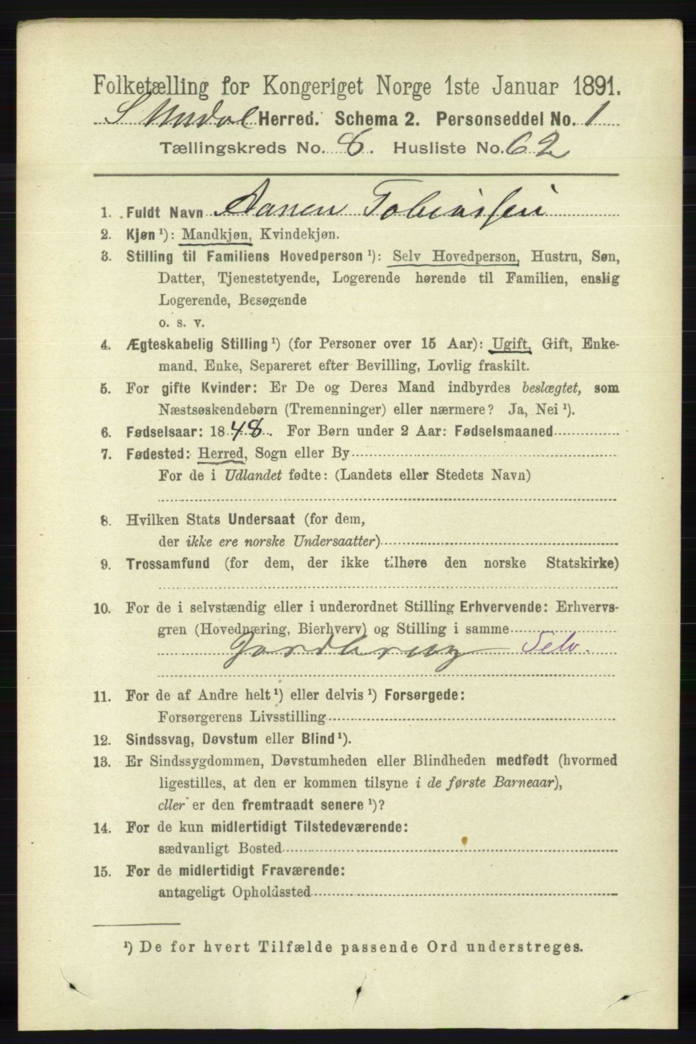 RA, 1891 census for 1029 Sør-Audnedal, 1891, p. 3448