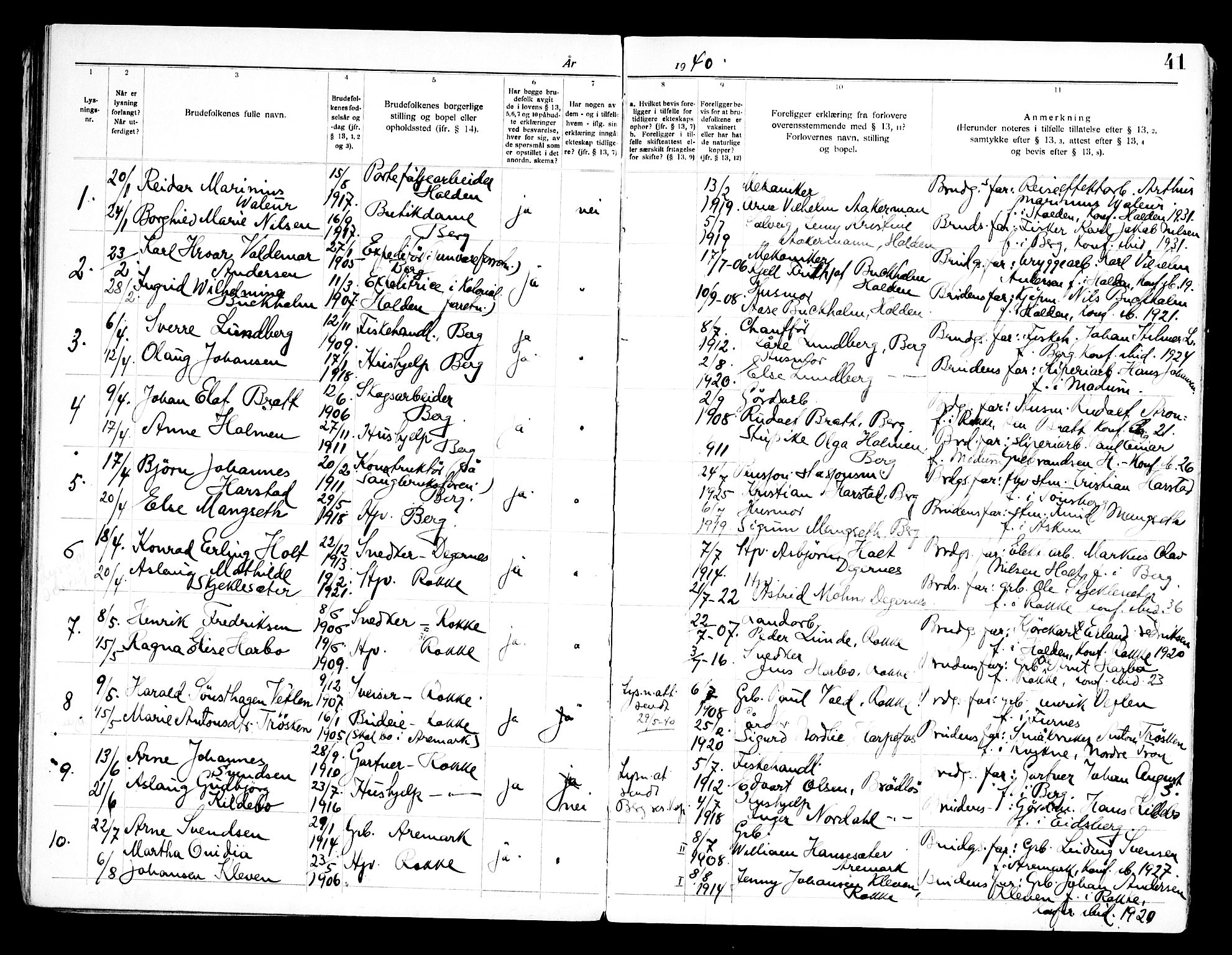 Berg prestekontor Kirkebøker, SAO/A-10902/H/Ha/L0002: Banns register no. I 2, 1919-1966, p. 41