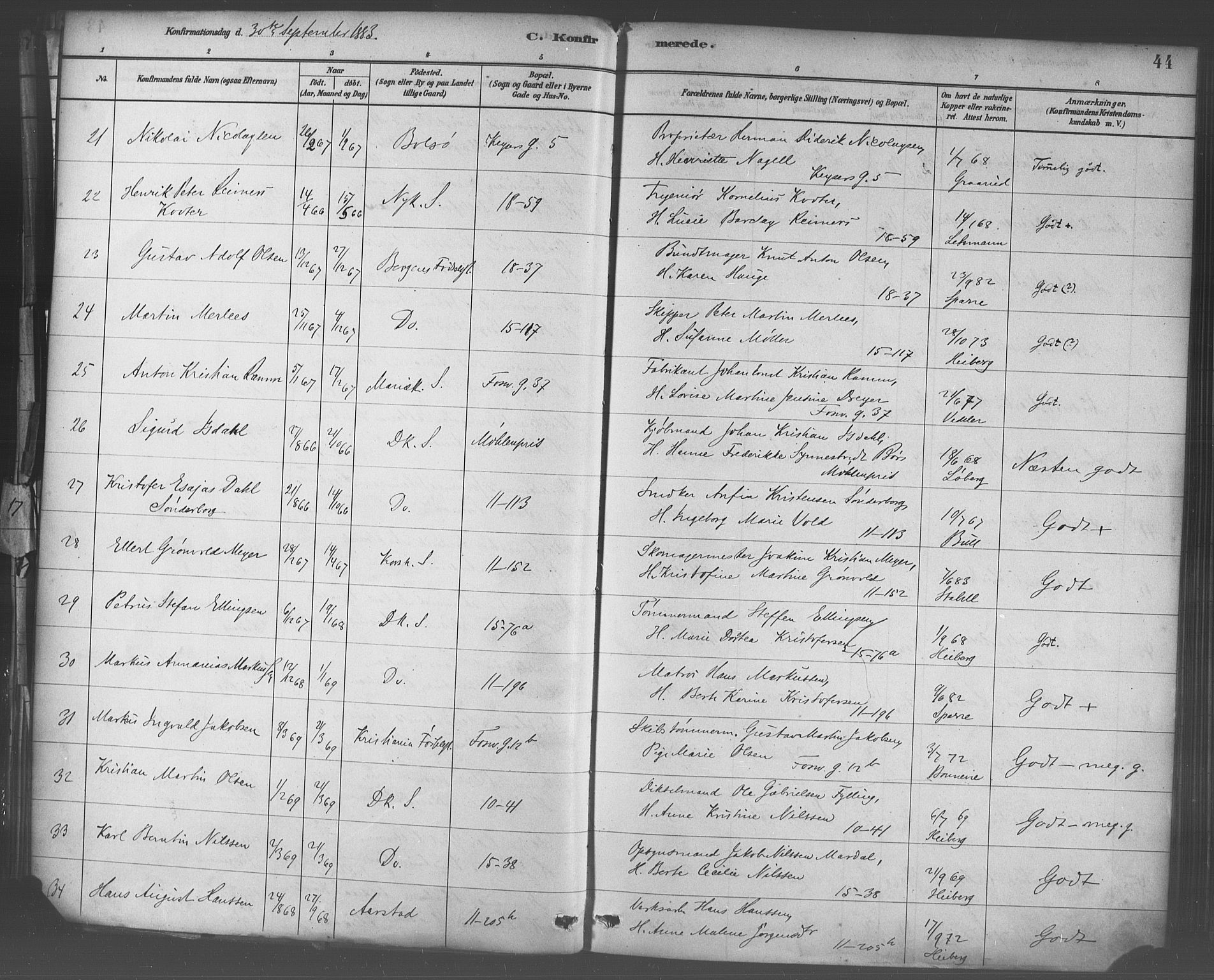 Domkirken sokneprestembete, AV/SAB-A-74801/H/Haa/L0030: Parish register (official) no. C 5, 1880-1898, p. 44
