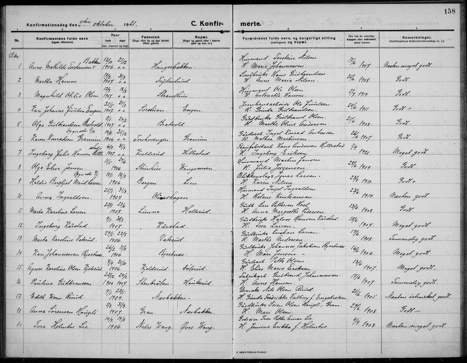 Jevnaker prestekontor, SAH/PREST-116/H/Ha/Haa/L0012: Parish register (official) no. 12, 1914-1924, p. 158