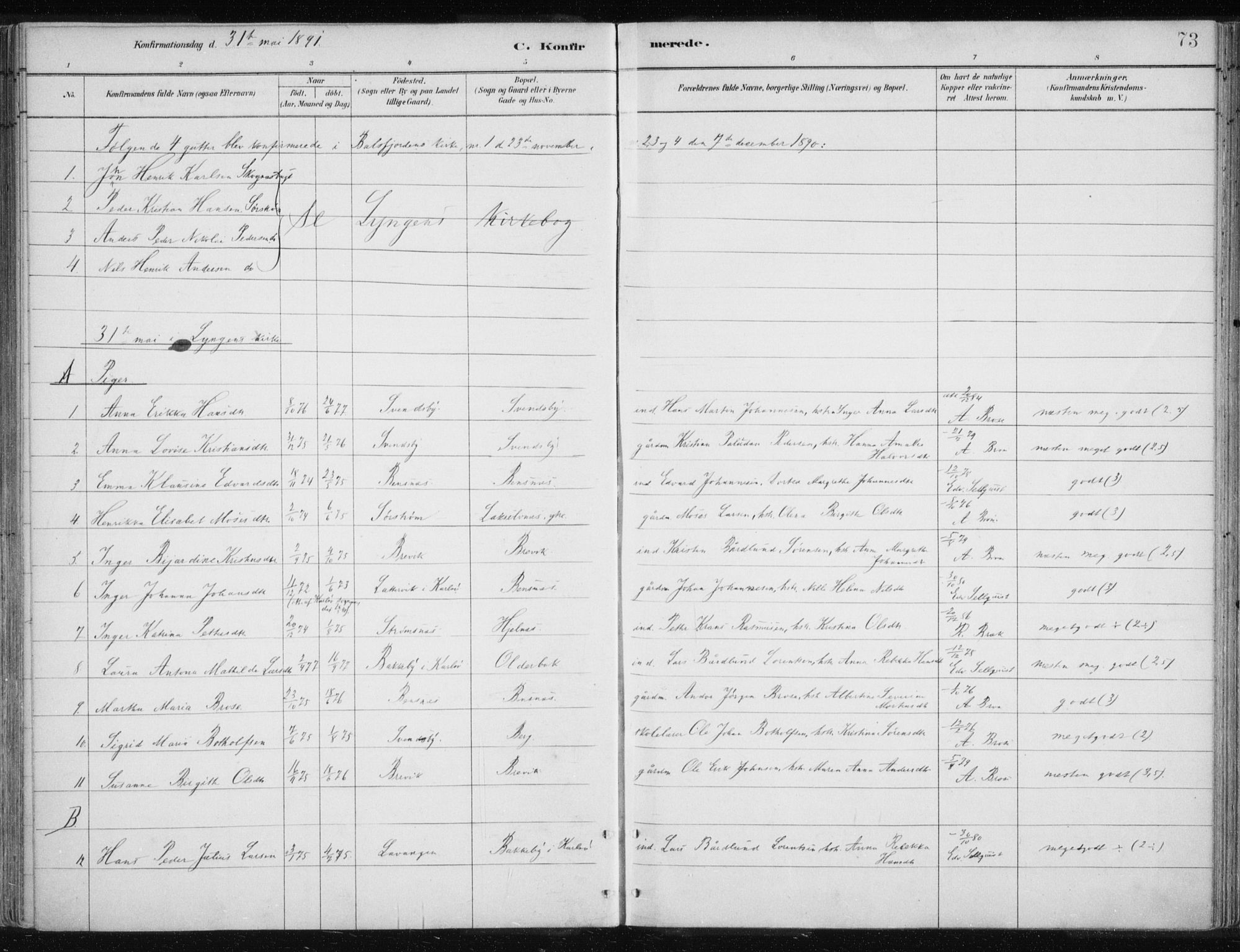 Lyngen sokneprestembete, AV/SATØ-S-1289/H/He/Hea/L0010kirke: Parish register (official) no. 10, 1883-1904, p. 73