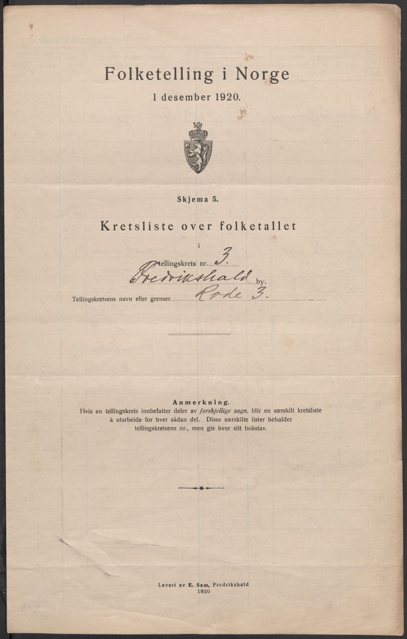SAO, 1920 census for Fredrikshald, 1920, p. 12
