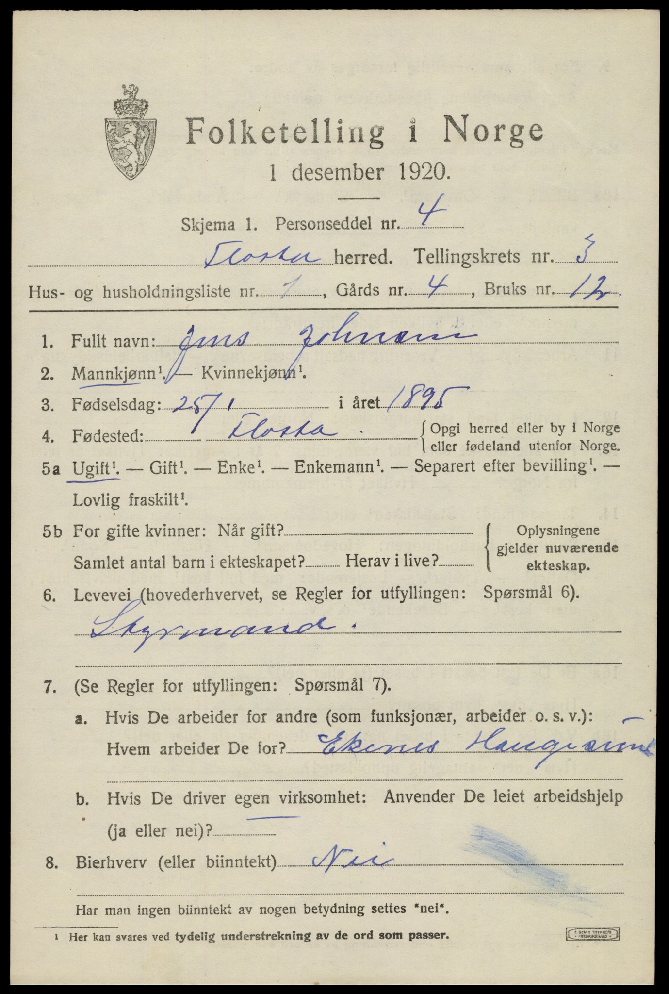 SAK, 1920 census for Flosta, 1920, p. 1674