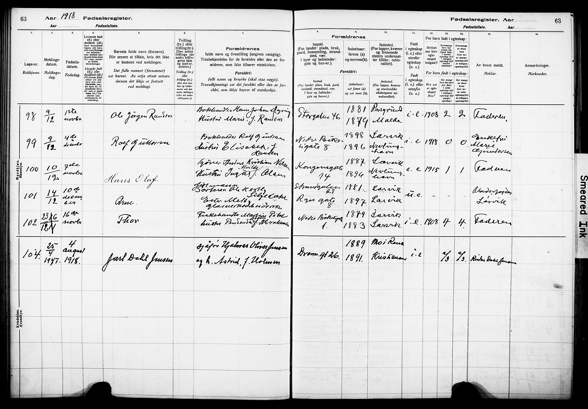 Larvik kirkebøker, AV/SAKO-A-352/J/Ja/L0001: Birth register no. I 1, 1916-1926, p. 63