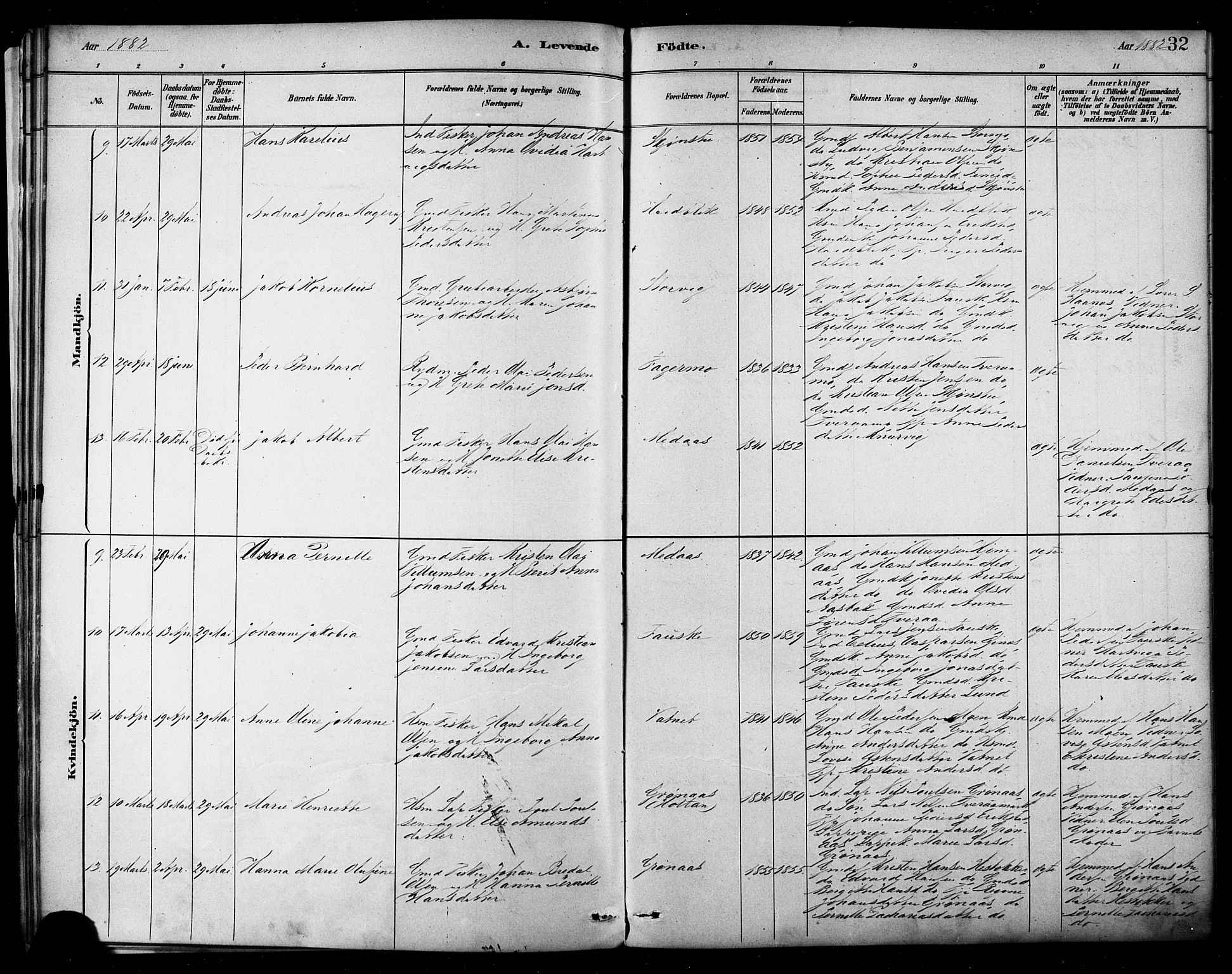Ministerialprotokoller, klokkerbøker og fødselsregistre - Nordland, AV/SAT-A-1459/849/L0689: Parish register (official) no. 849A01, 1879-1889, p. 32