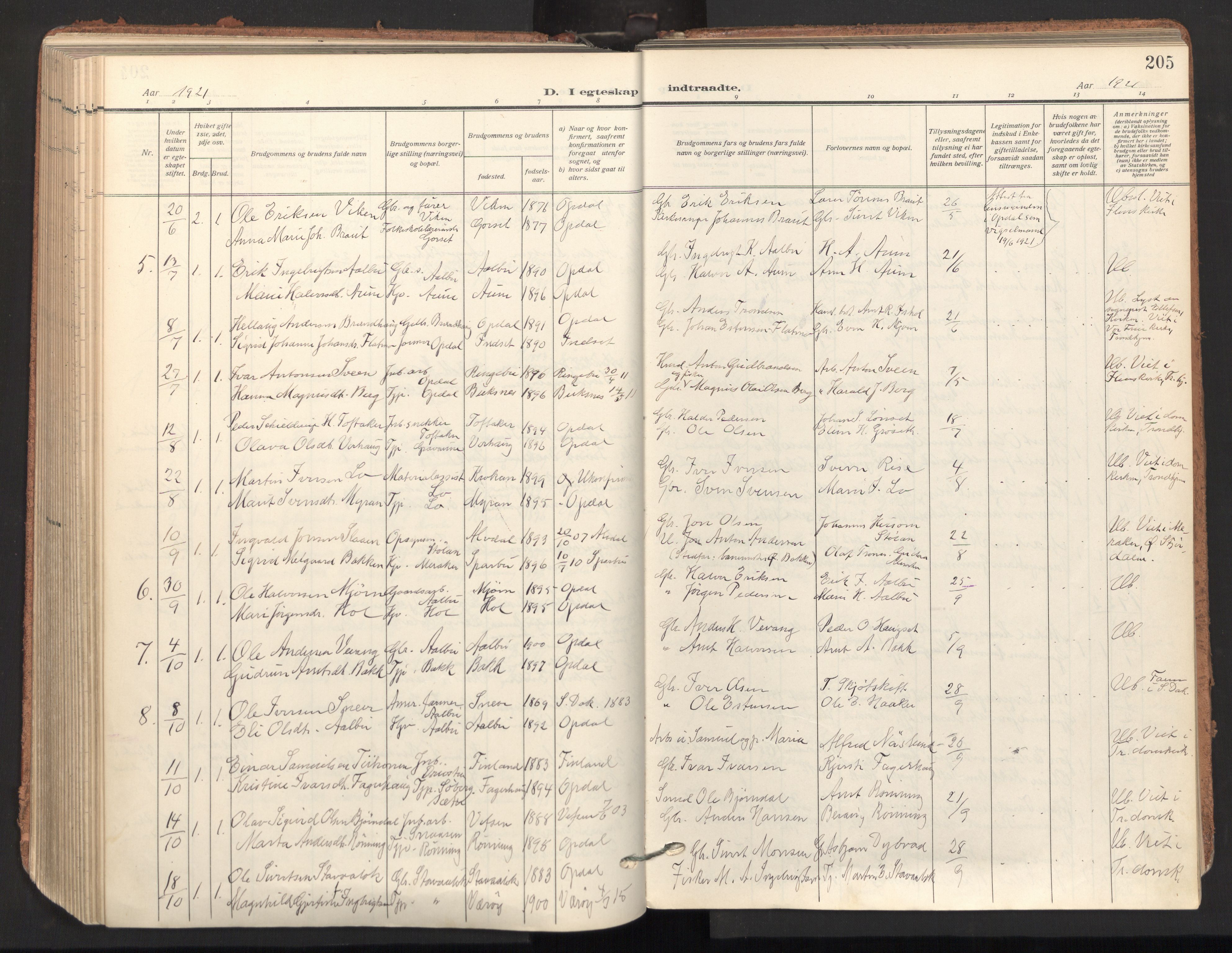 Ministerialprotokoller, klokkerbøker og fødselsregistre - Sør-Trøndelag, AV/SAT-A-1456/678/L0909: Parish register (official) no. 678A17, 1912-1930, p. 205