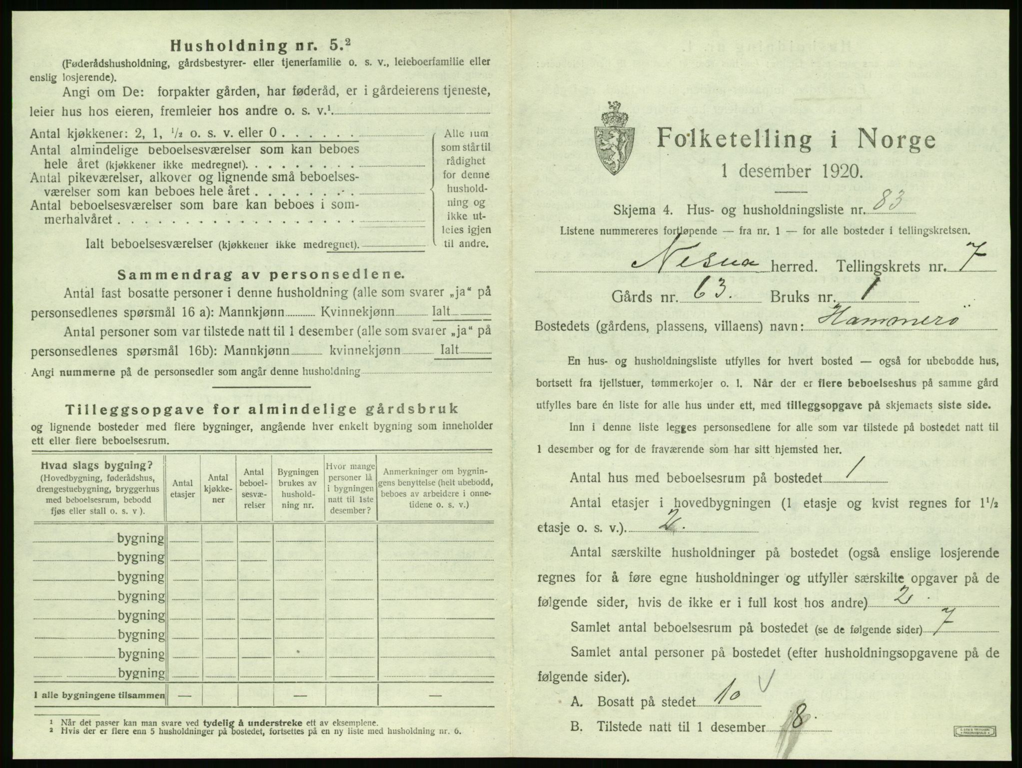 SAT, 1920 census for Nesna, 1920, p. 922