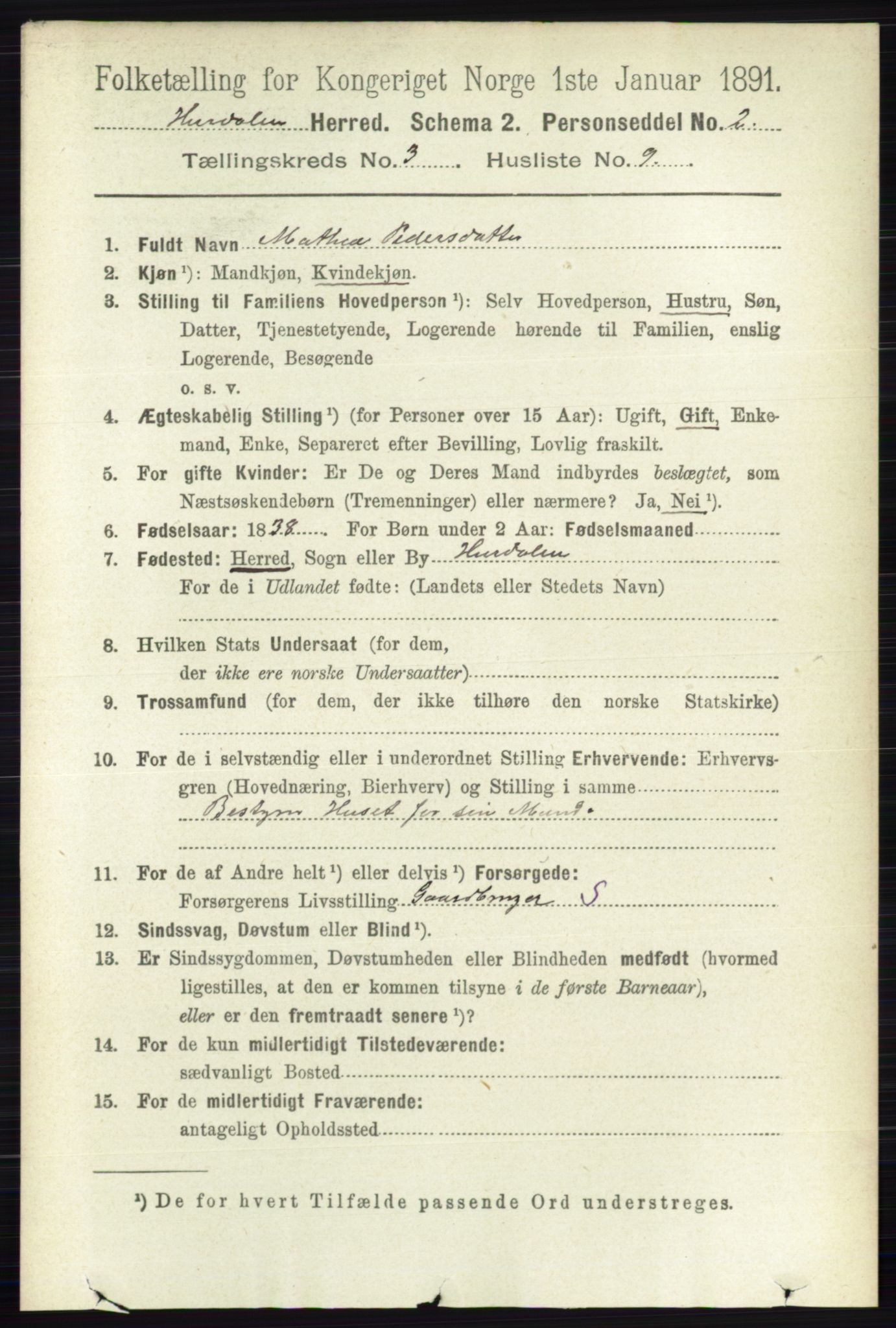 RA, 1891 census for 0239 Hurdal, 1891, p. 1098