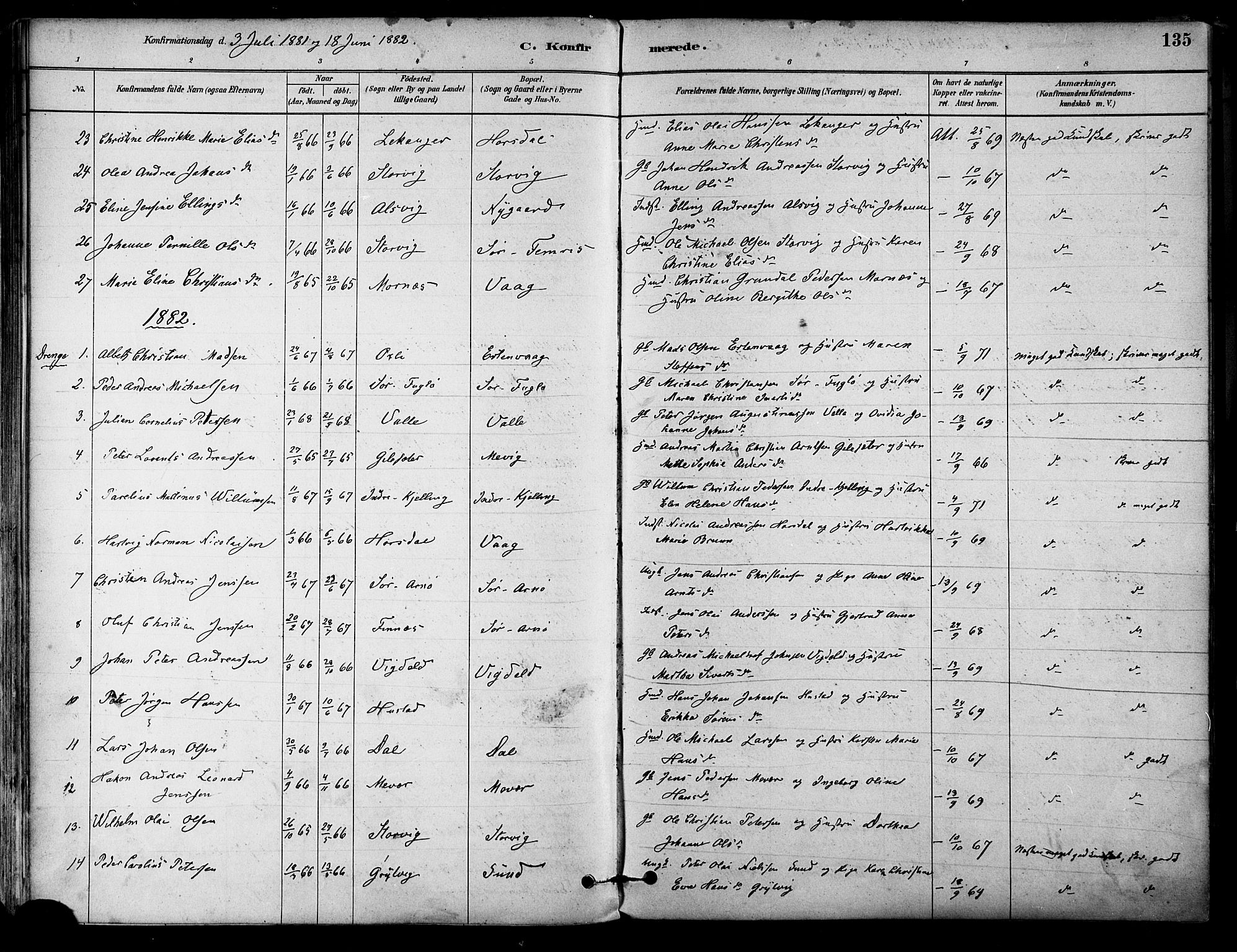 Ministerialprotokoller, klokkerbøker og fødselsregistre - Nordland, AV/SAT-A-1459/805/L0099: Parish register (official) no. 805A06, 1880-1891, p. 135