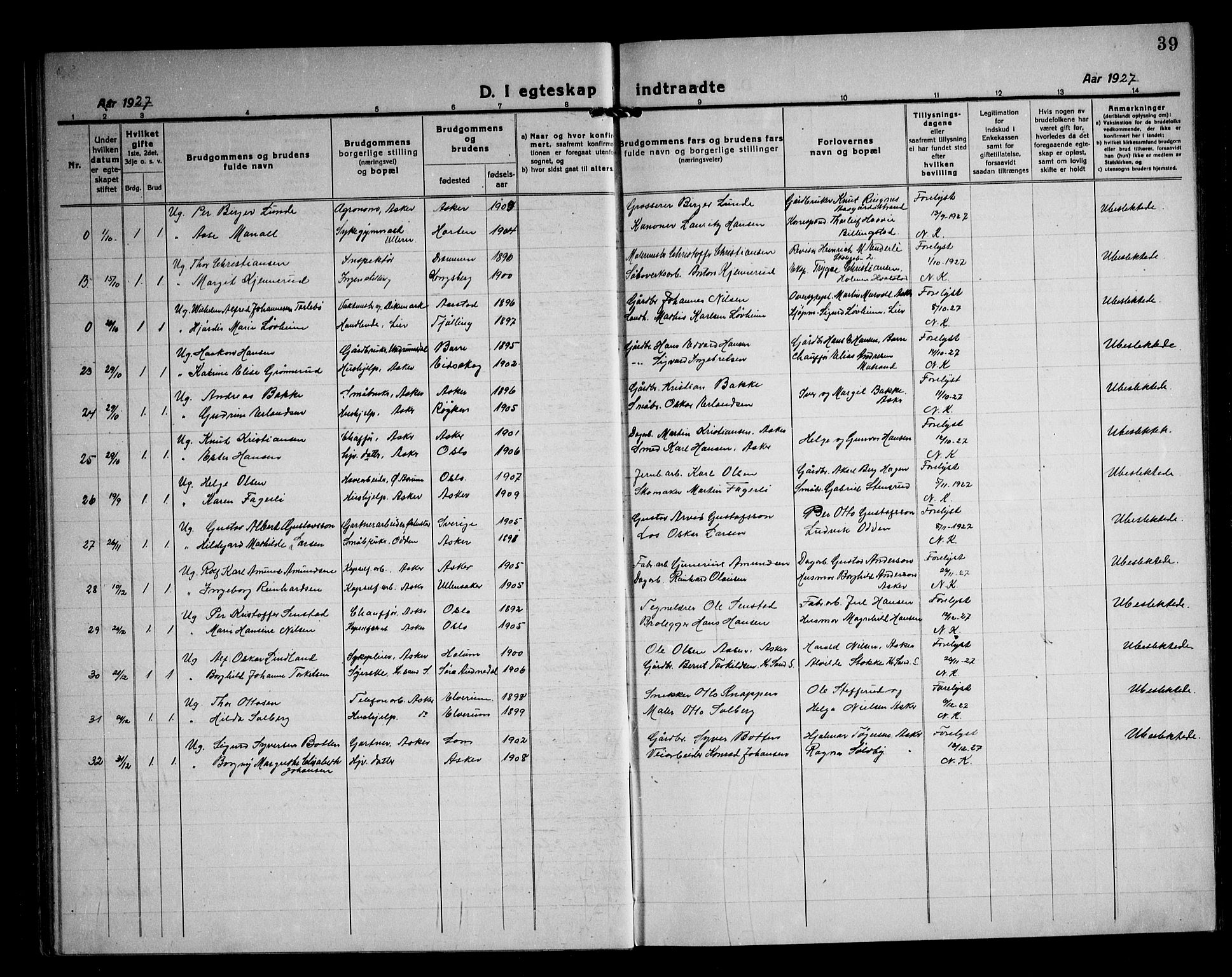 Asker prestekontor Kirkebøker, SAO/A-10256a/F/Fa/L0020: Parish register (official) no. I 20, 1918-1948, p. 39