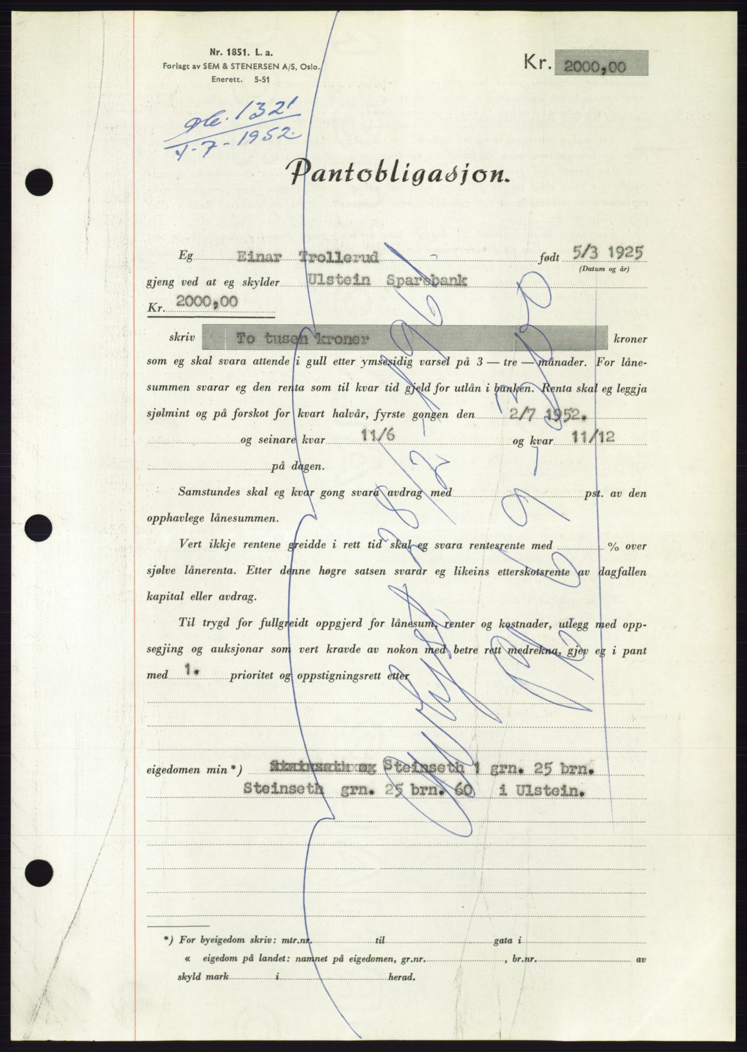 Søre Sunnmøre sorenskriveri, AV/SAT-A-4122/1/2/2C/L0121: Mortgage book no. 9B, 1951-1952, Diary no: : 1321/1952