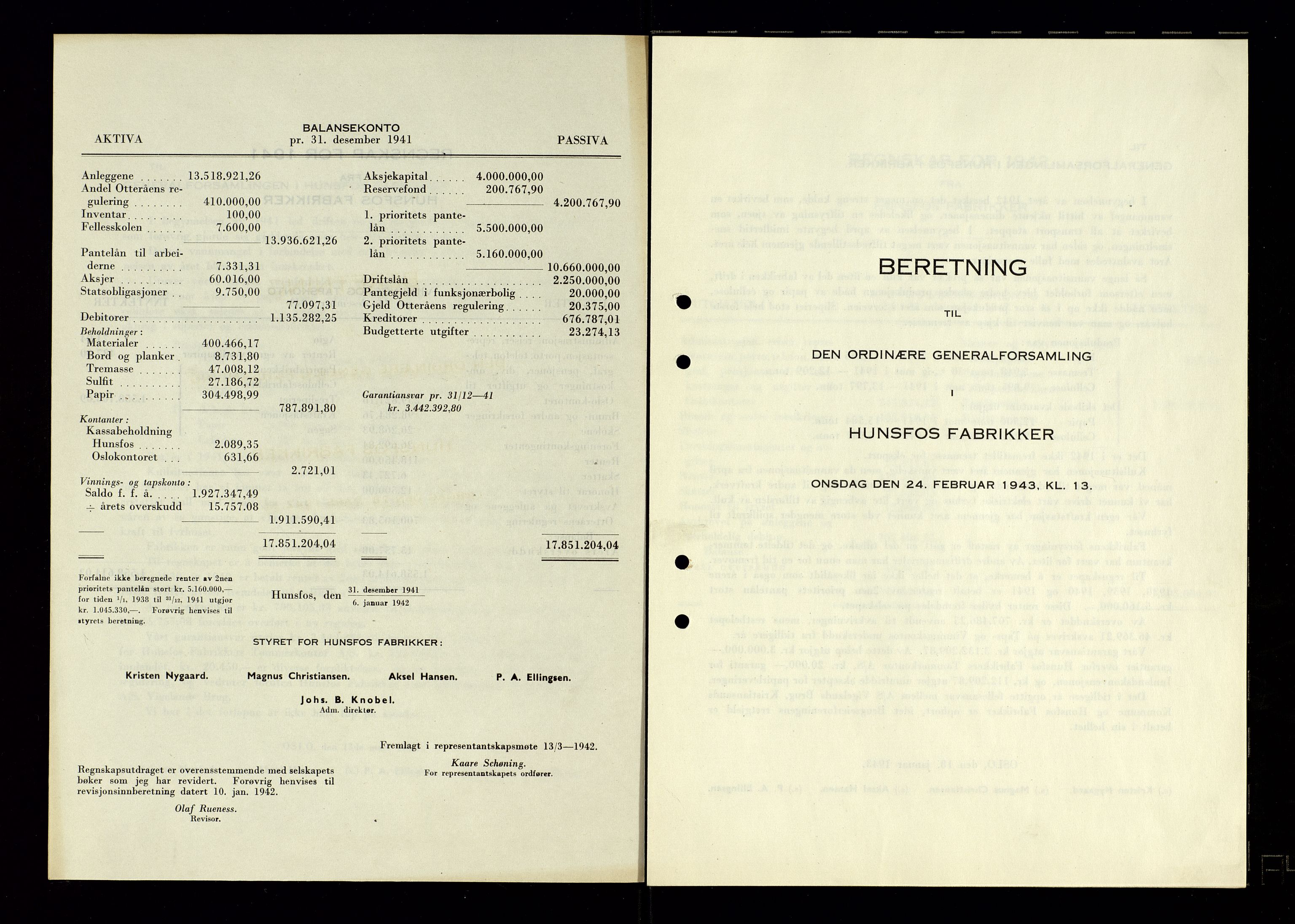 Hunsfos fabrikker, SAK/D/1440/01/L0001/0003: Vedtekter, anmeldelser og årsberetninger / Årsberetninger og regnskap, 1918-1989, p. 89