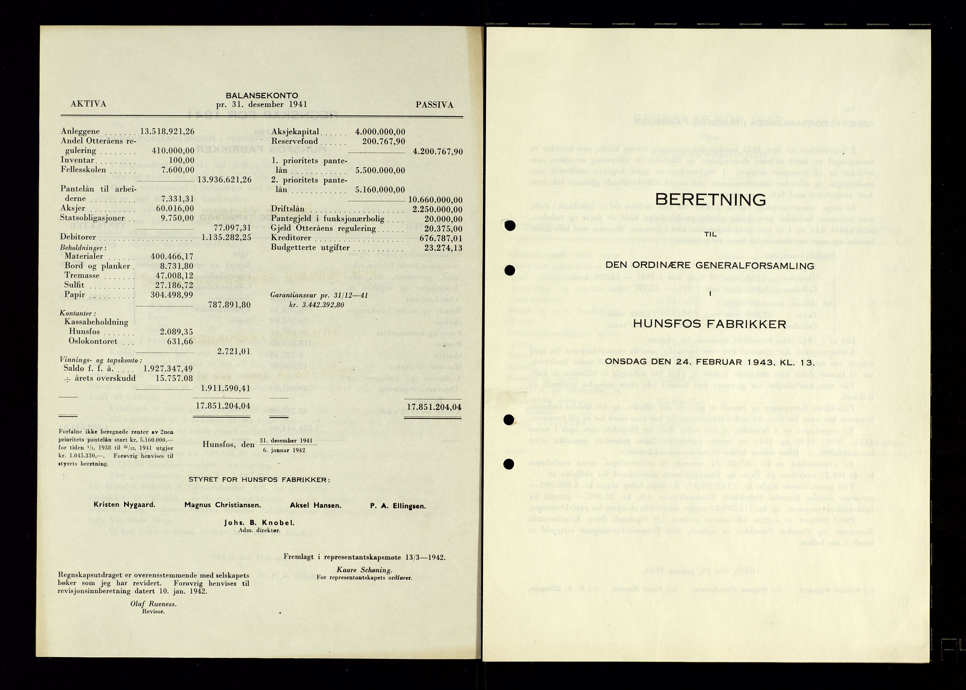 Hunsfos fabrikker, AV/SAK-D/1440/01/L0001/0003: Vedtekter, anmeldelser og årsberetninger / Årsberetninger og regnskap, 1918-1989, p. 89