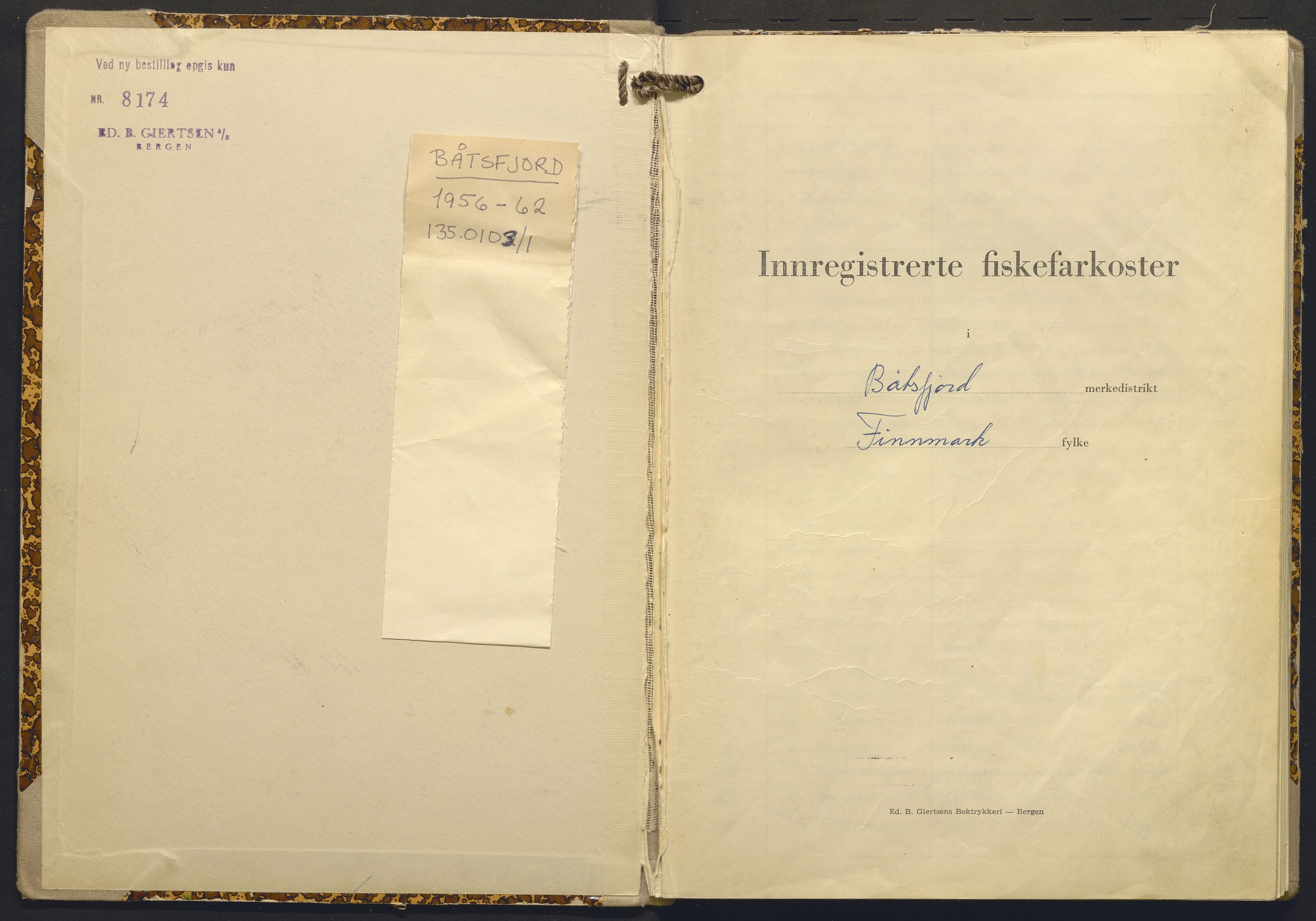 Fiskeridirektoratet - 1 Adm. ledelse - 13 Båtkontoret, AV/SAB-A-2003/I/Ia/Ia.a/L0008: 135.0103/1 Merkeprotokoll - Båtsfjord, 1956-1962