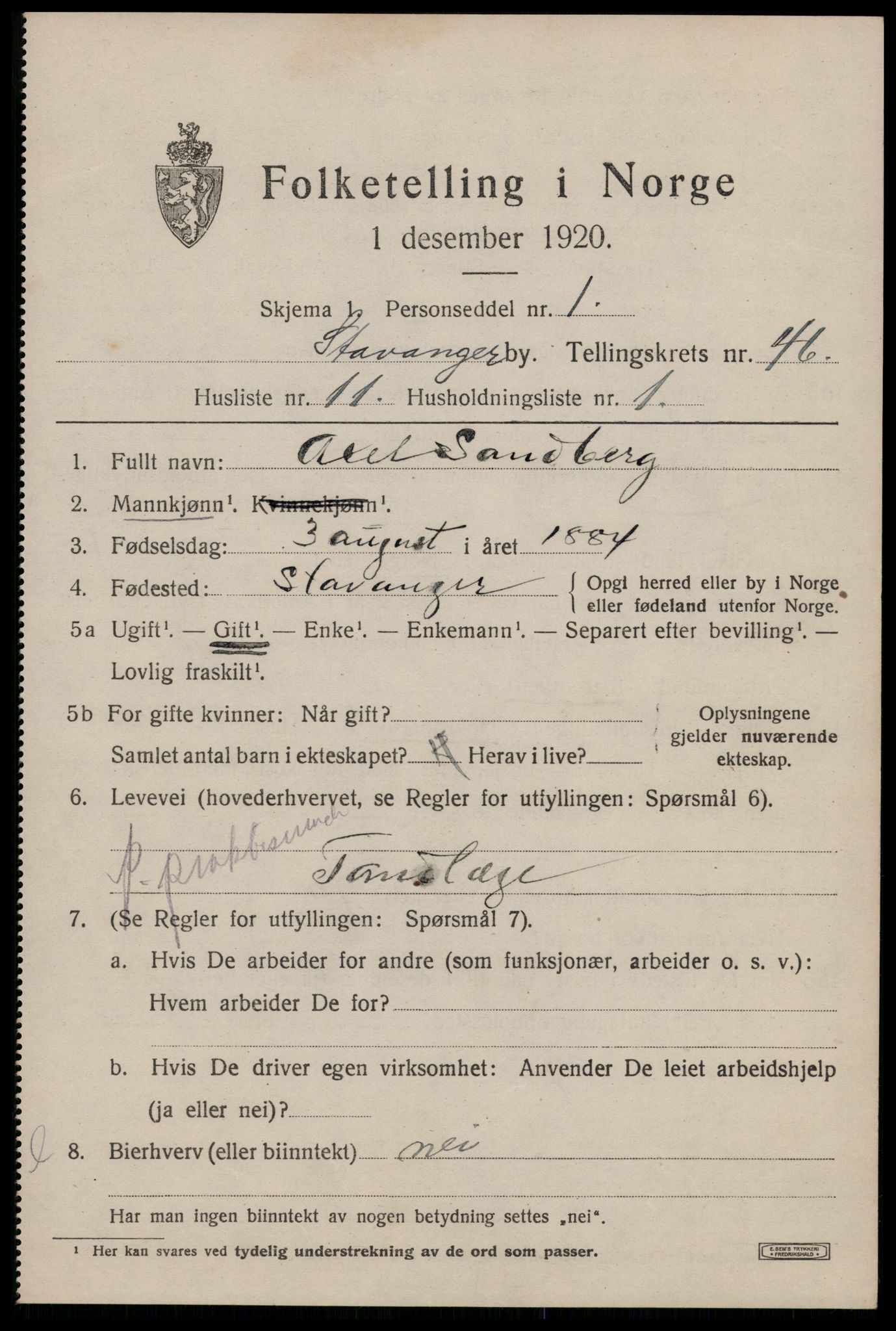 SAST, 1920 census for Stavanger, 1920, p. 112494