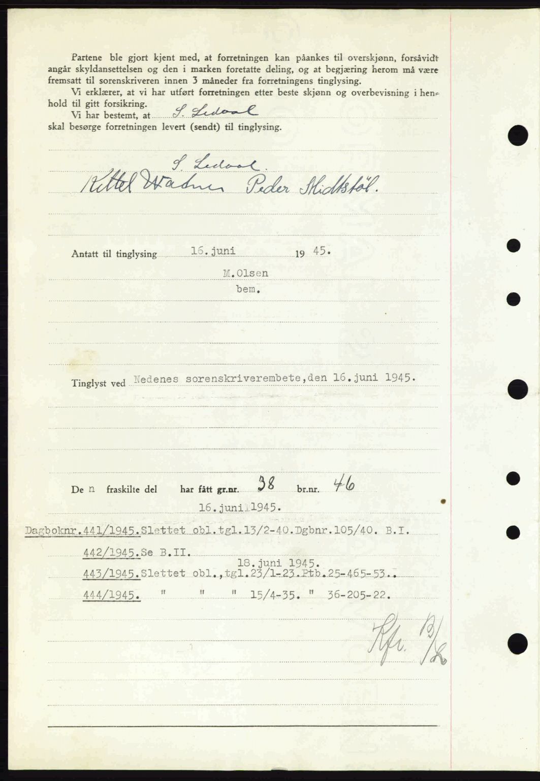 Nedenes sorenskriveri, AV/SAK-1221-0006/G/Gb/Gba/L0052: Mortgage book no. A6a, 1944-1945, Diary no: : 440/1945