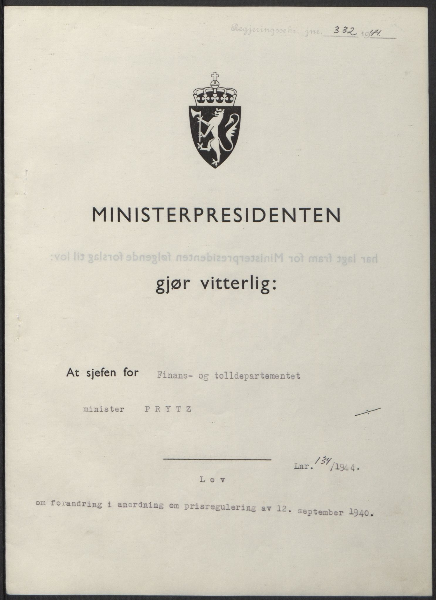 NS-administrasjonen 1940-1945 (Statsrådsekretariatet, de kommisariske statsråder mm), RA/S-4279/D/Db/L0100: Lover, 1944, p. 647