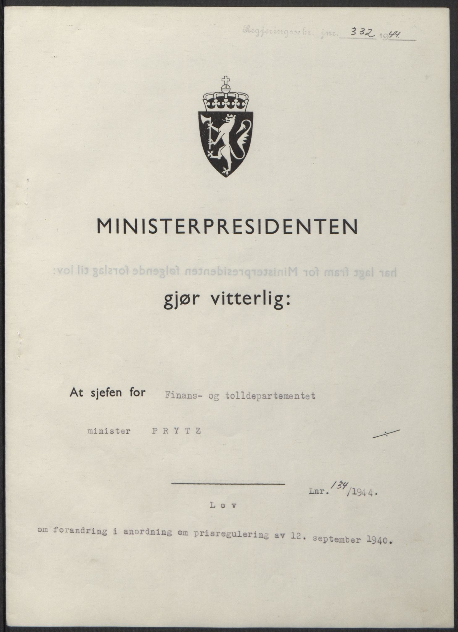 NS-administrasjonen 1940-1945 (Statsrådsekretariatet, de kommisariske statsråder mm), AV/RA-S-4279/D/Db/L0100: Lover, 1944, p. 647