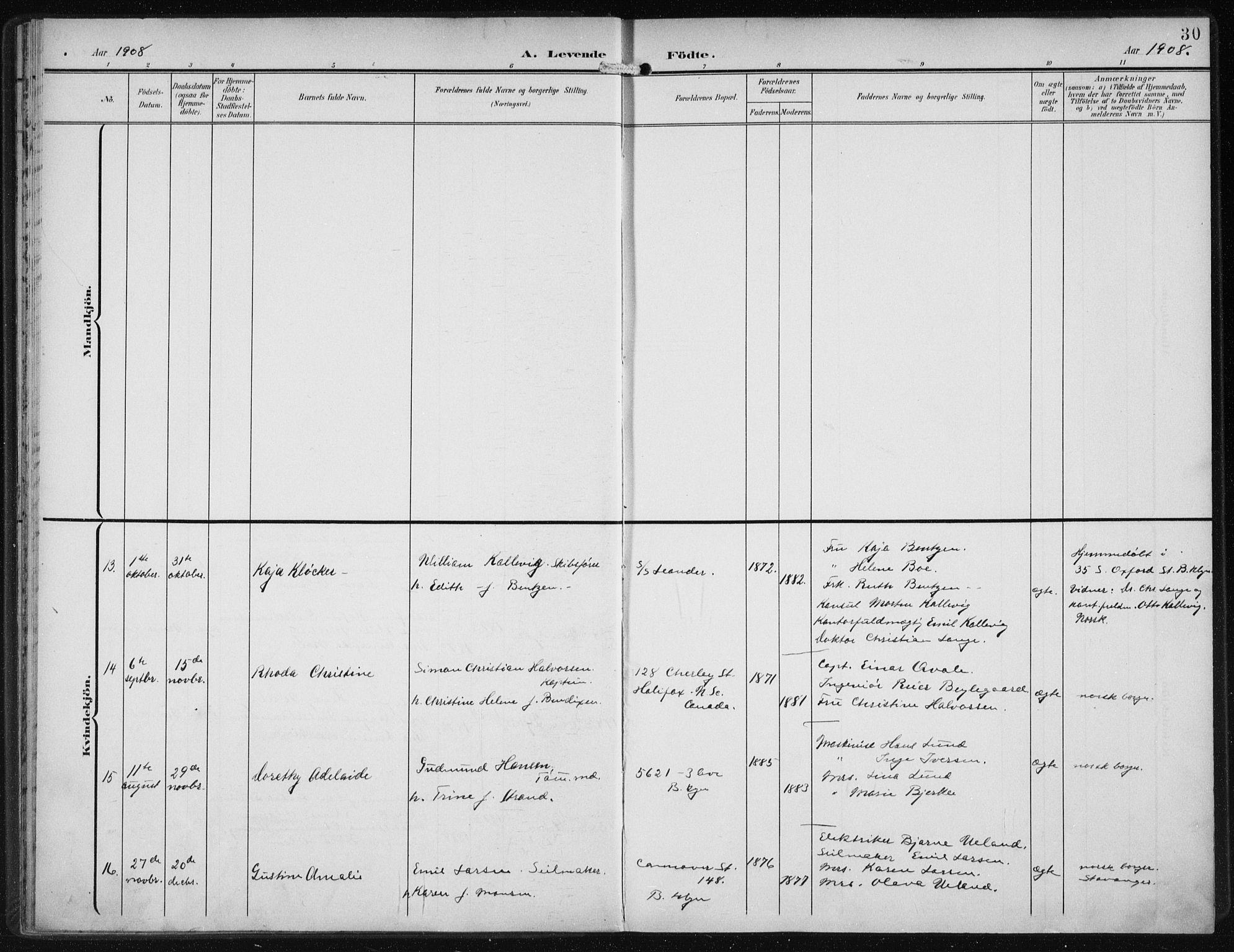 Den norske sjømannsmisjon i utlandet/New York, SAB/SAB/PA-0110/H/Ha/L0005: Parish register (official) no. A 5, 1902-1908, p. 30