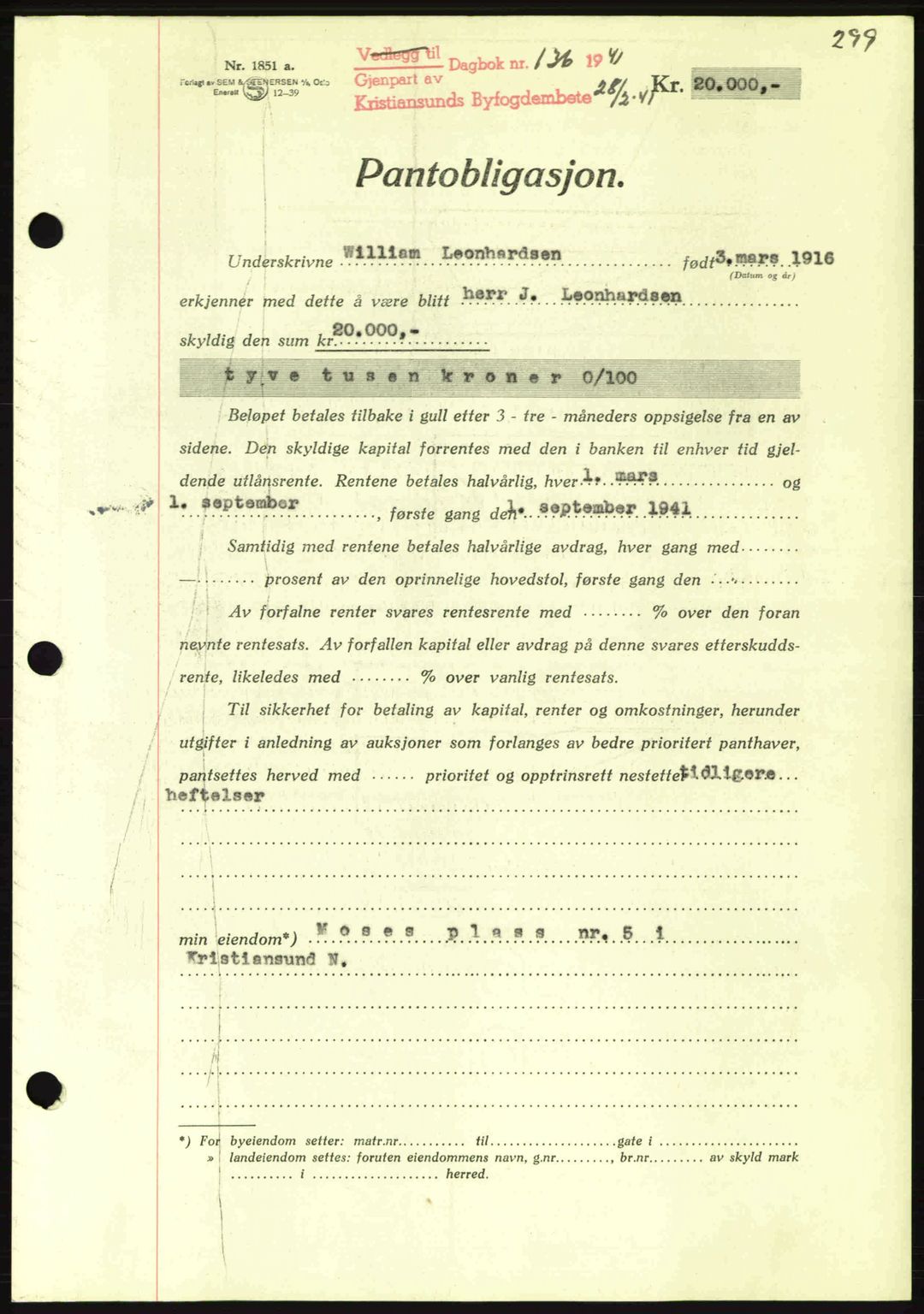 Kristiansund byfogd, AV/SAT-A-4587/A/27: Mortgage book no. 33, 1939-1941, Diary no: : 136/1941