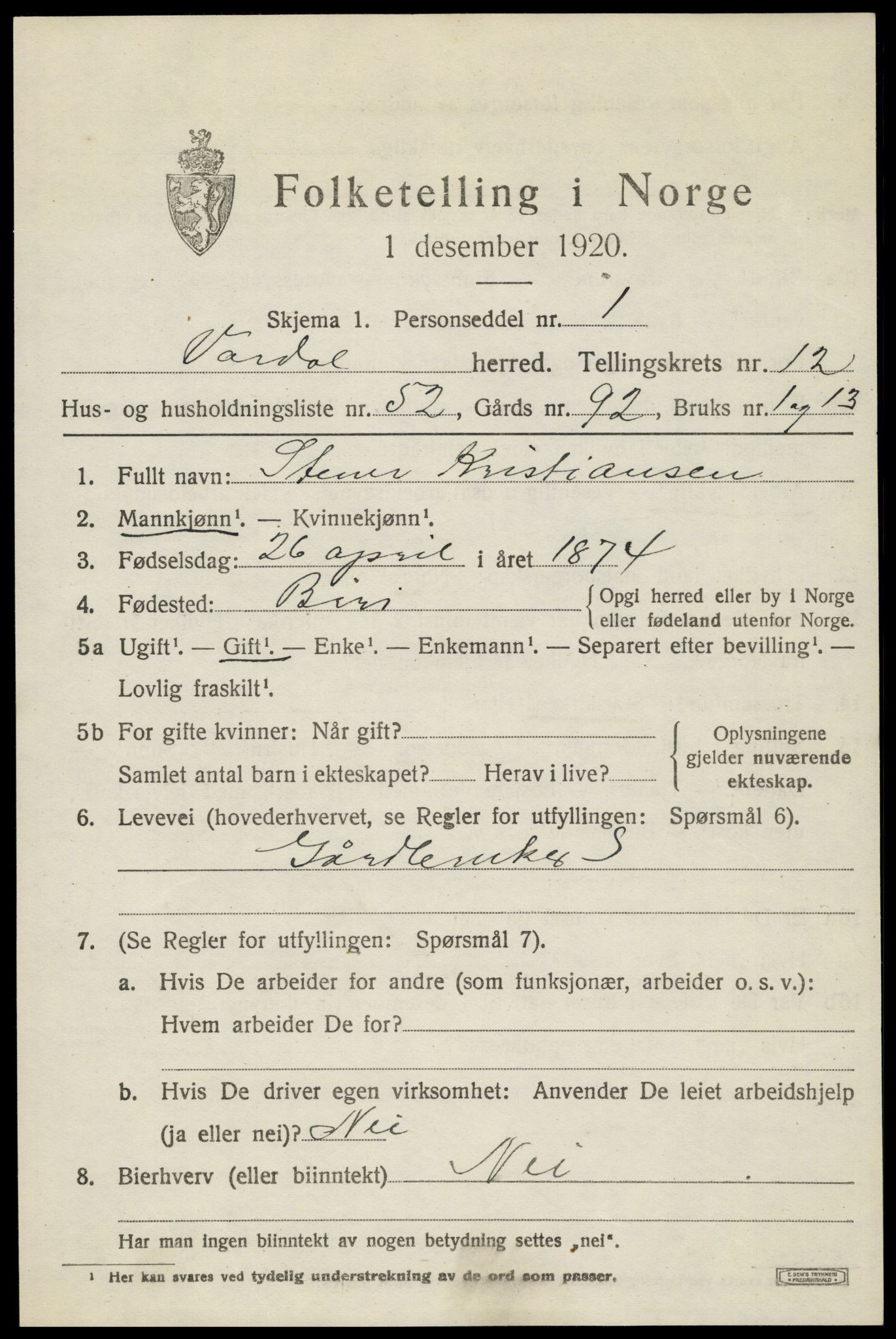 SAH, 1920 census for Vardal, 1920, p. 13787