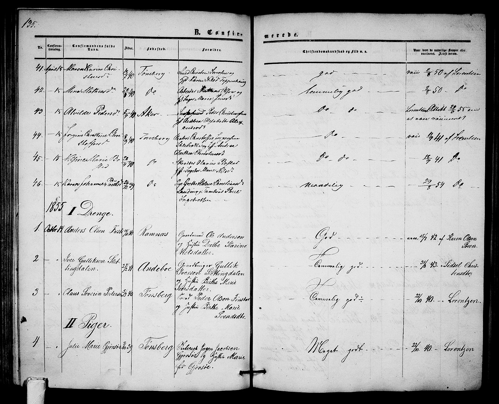 Tønsberg kirkebøker, SAKO/A-330/G/Ga/L0003: Parish register (copy) no. 3, 1855-1864, p. 135