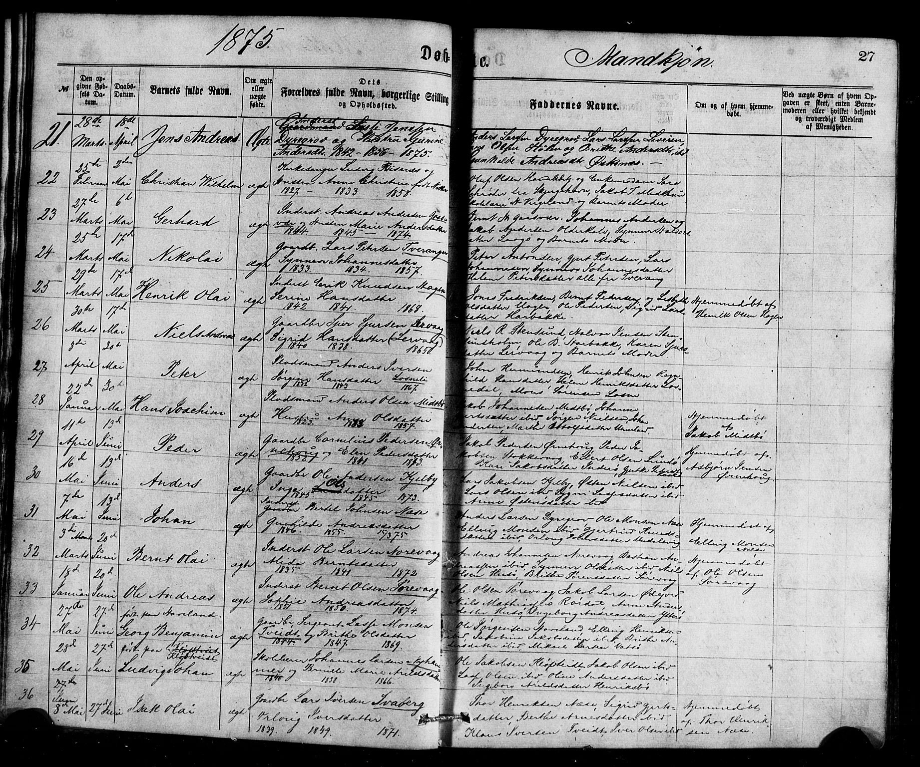 Gulen sokneprestembete, AV/SAB-A-80201/H/Haa/Haaa/L0023: Parish register (official) no. A 23, 1870-1880, p. 27