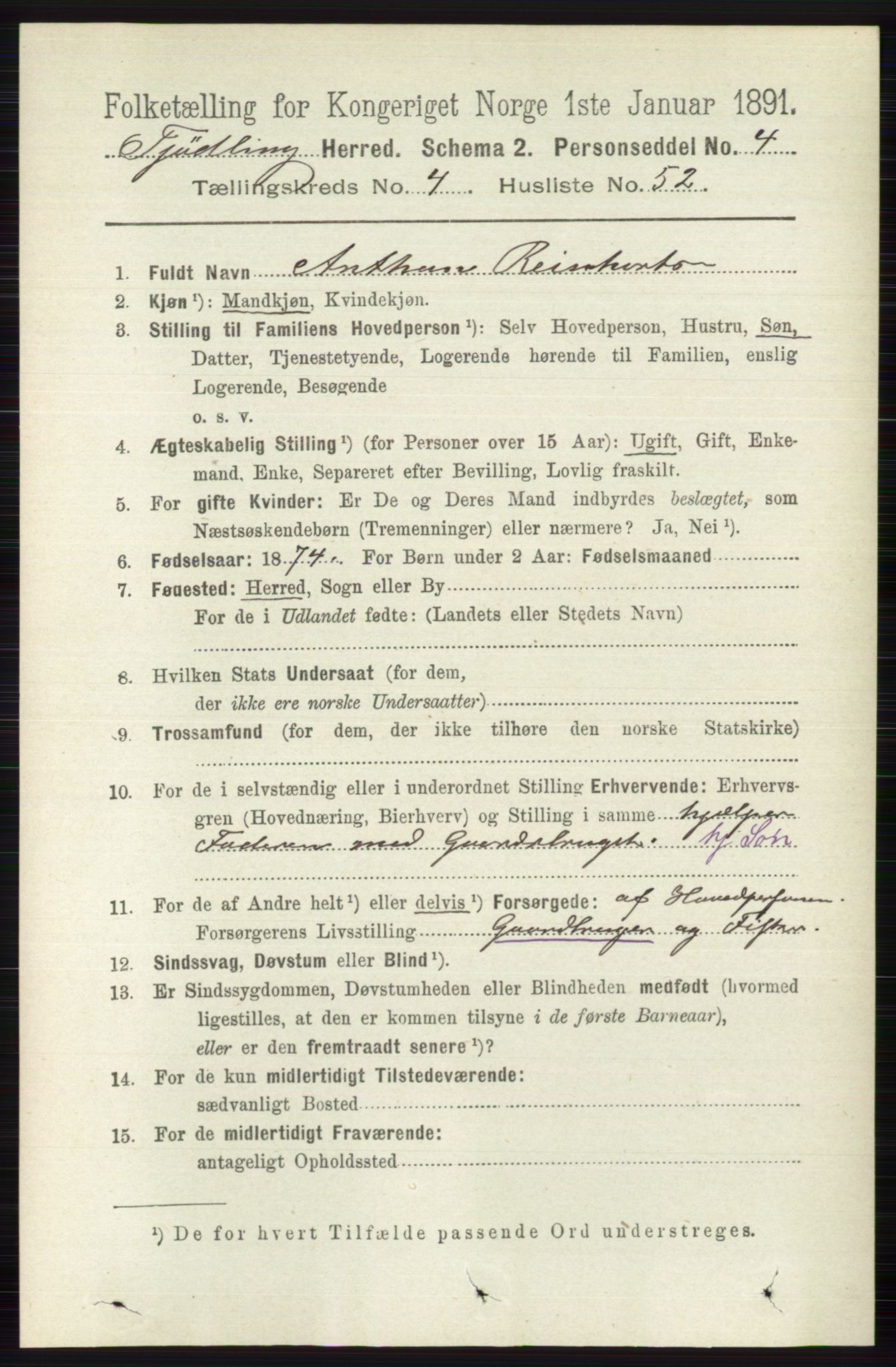 RA, 1891 census for 0725 Tjølling, 1891, p. 1744