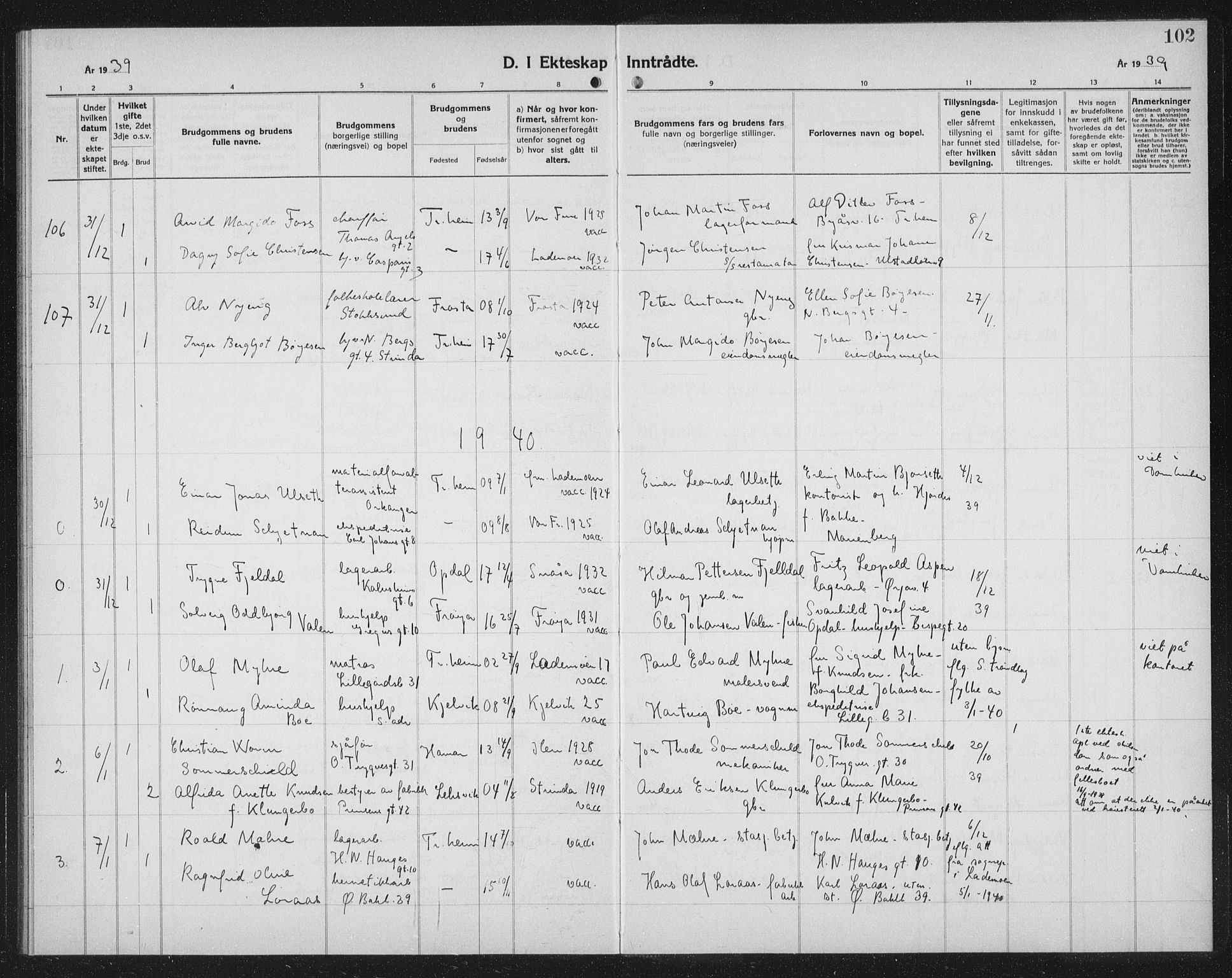 Ministerialprotokoller, klokkerbøker og fødselsregistre - Sør-Trøndelag, SAT/A-1456/602/L0152: Parish register (copy) no. 602C20, 1933-1940, p. 102