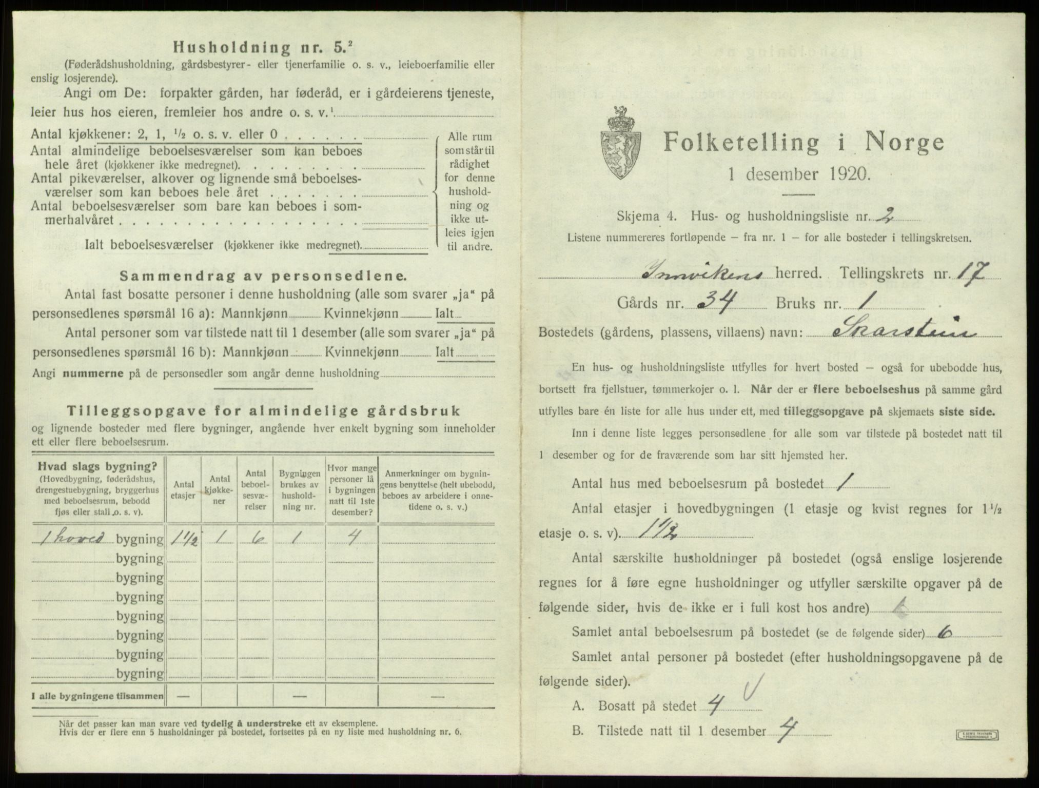 SAB, 1920 census for Innvik, 1920, p. 1011