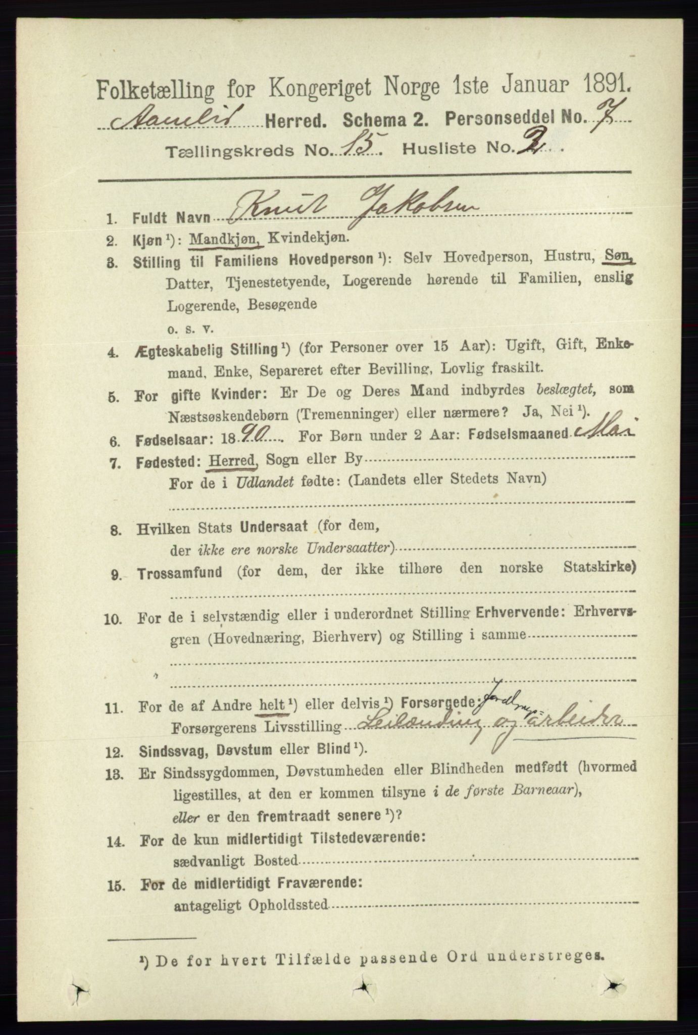 RA, 1891 census for 0929 Åmli, 1891, p. 2557