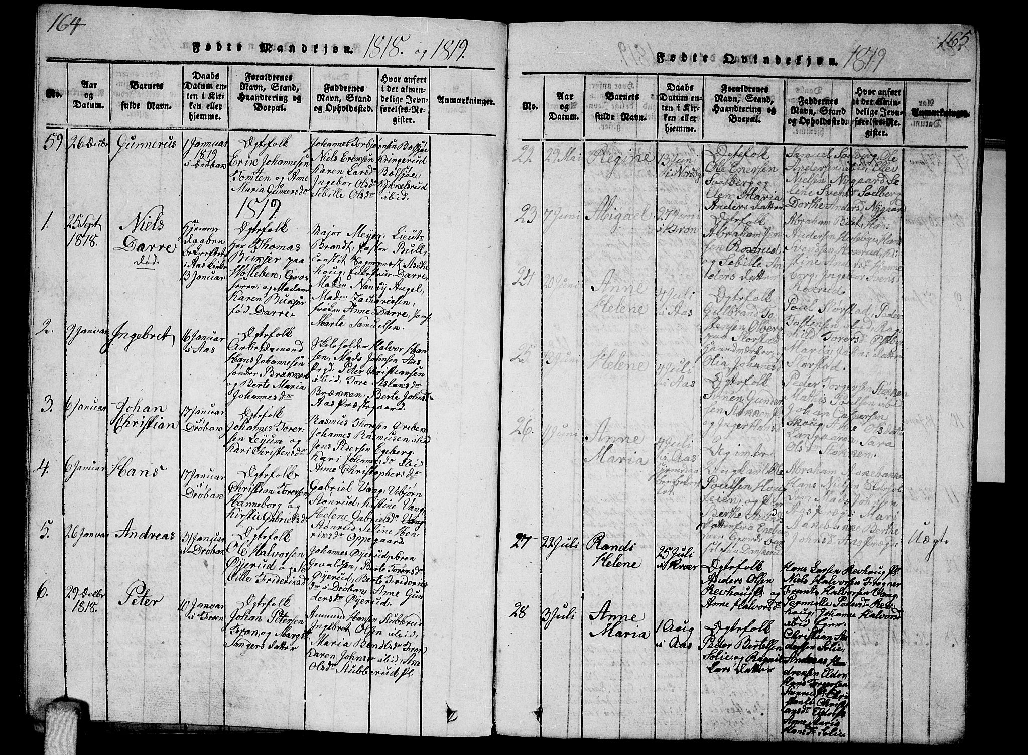 Ås prestekontor Kirkebøker, SAO/A-10894/G/Ga/L0001: Parish register (copy) no. I 1, 1814-1820, p. 164-165