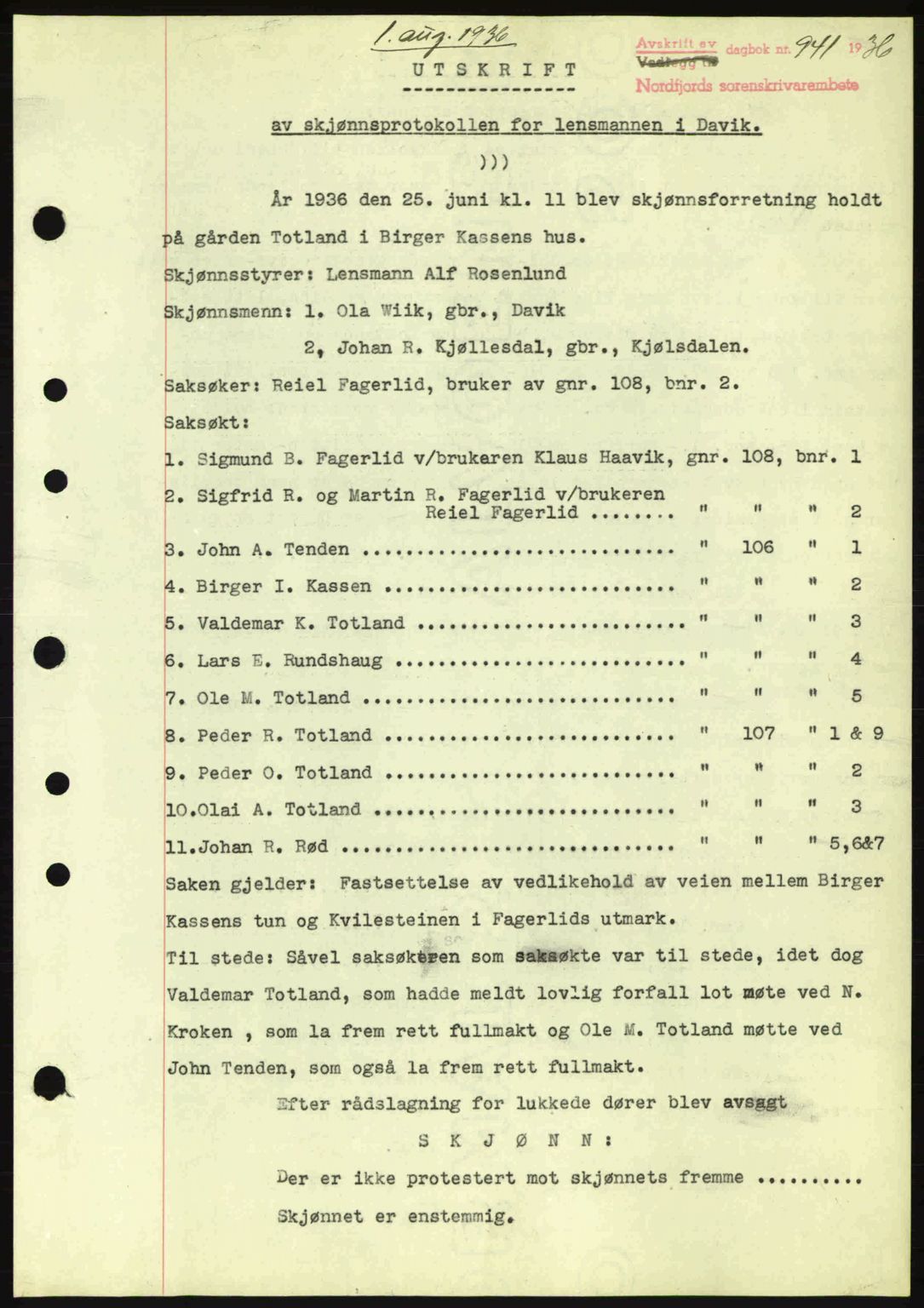 Nordfjord sorenskriveri, AV/SAB-A-2801/02/02b/02bj/L0001: Mortgage book no. A1, 1936-1937, Diary no: : 941/1936