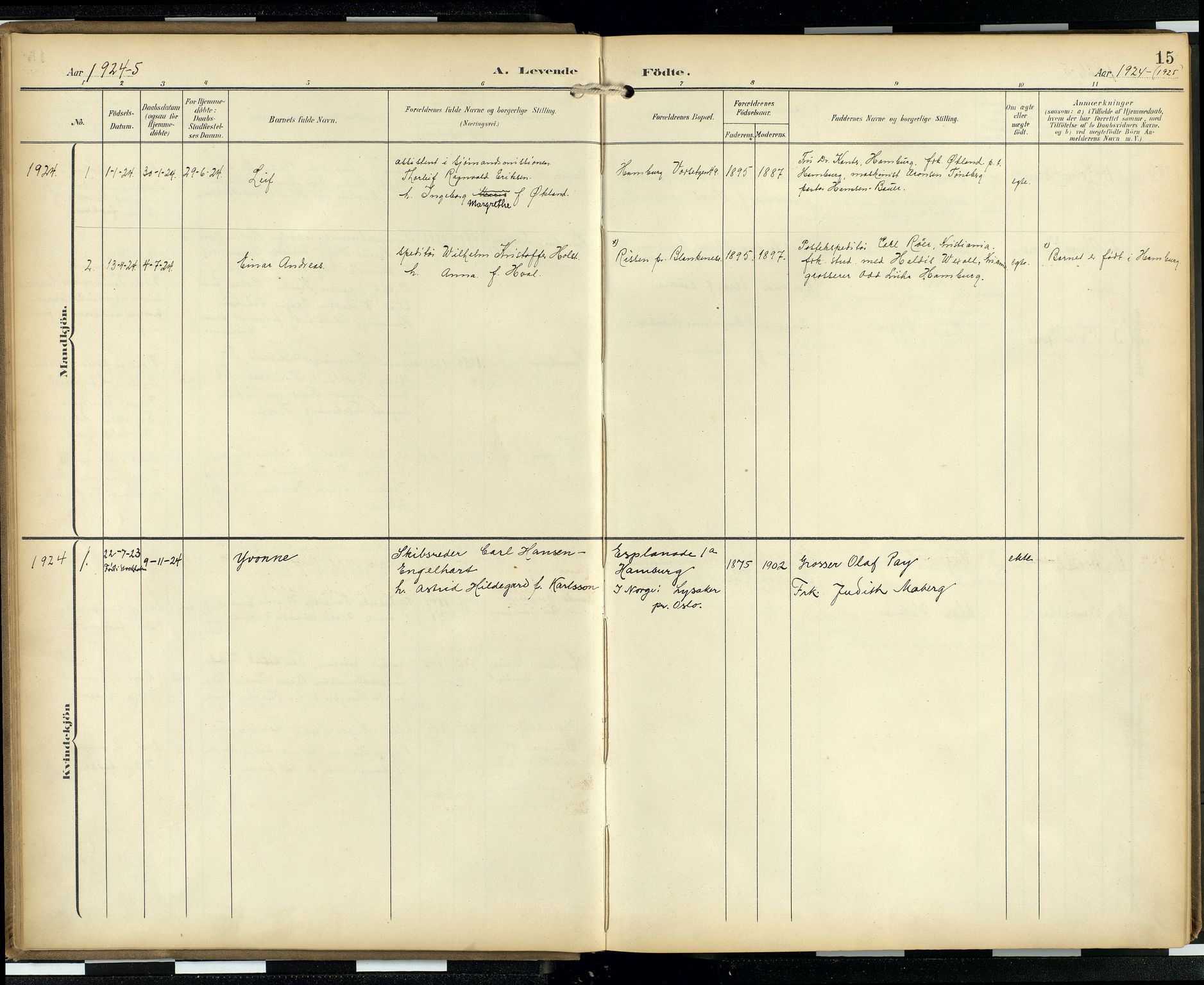 Den norske sjømannsmisjon i utlandet/Hamburg, AV/SAB-SAB/PA-0107/H/Ha/L0001: Parish register (official) no. A 1, 1907-1951, p. 14b-15a